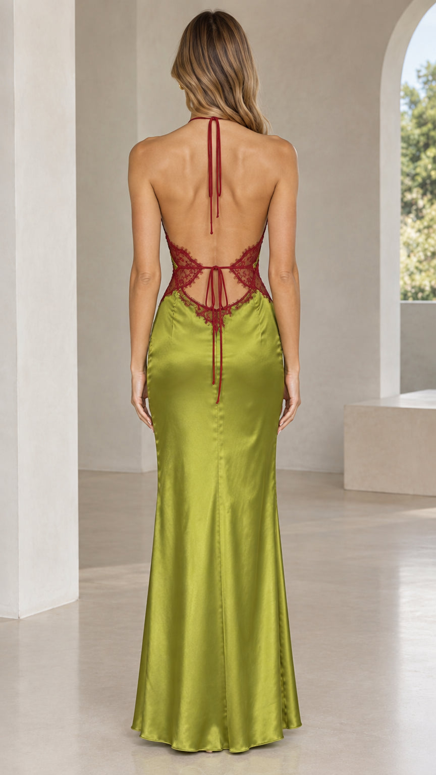 Back view of olive green halter dress showing backless design with burgundy lace and ties