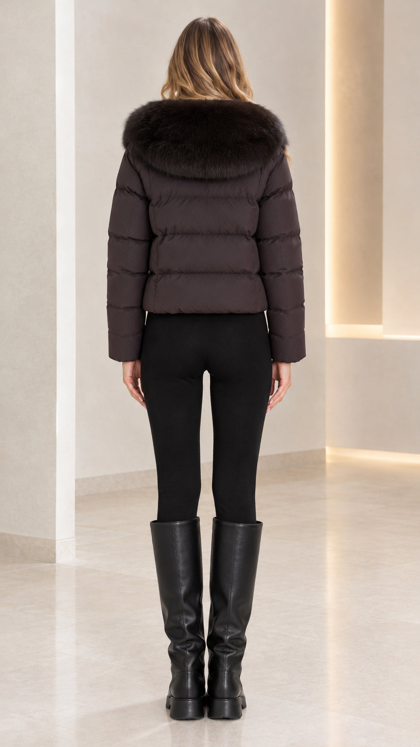 Back view of woman wearing Espresso brown cropped winter jacket with faux fur collar