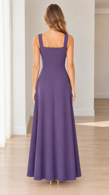 Back full-length view of model wearing purple square neck dress with concealed zipper