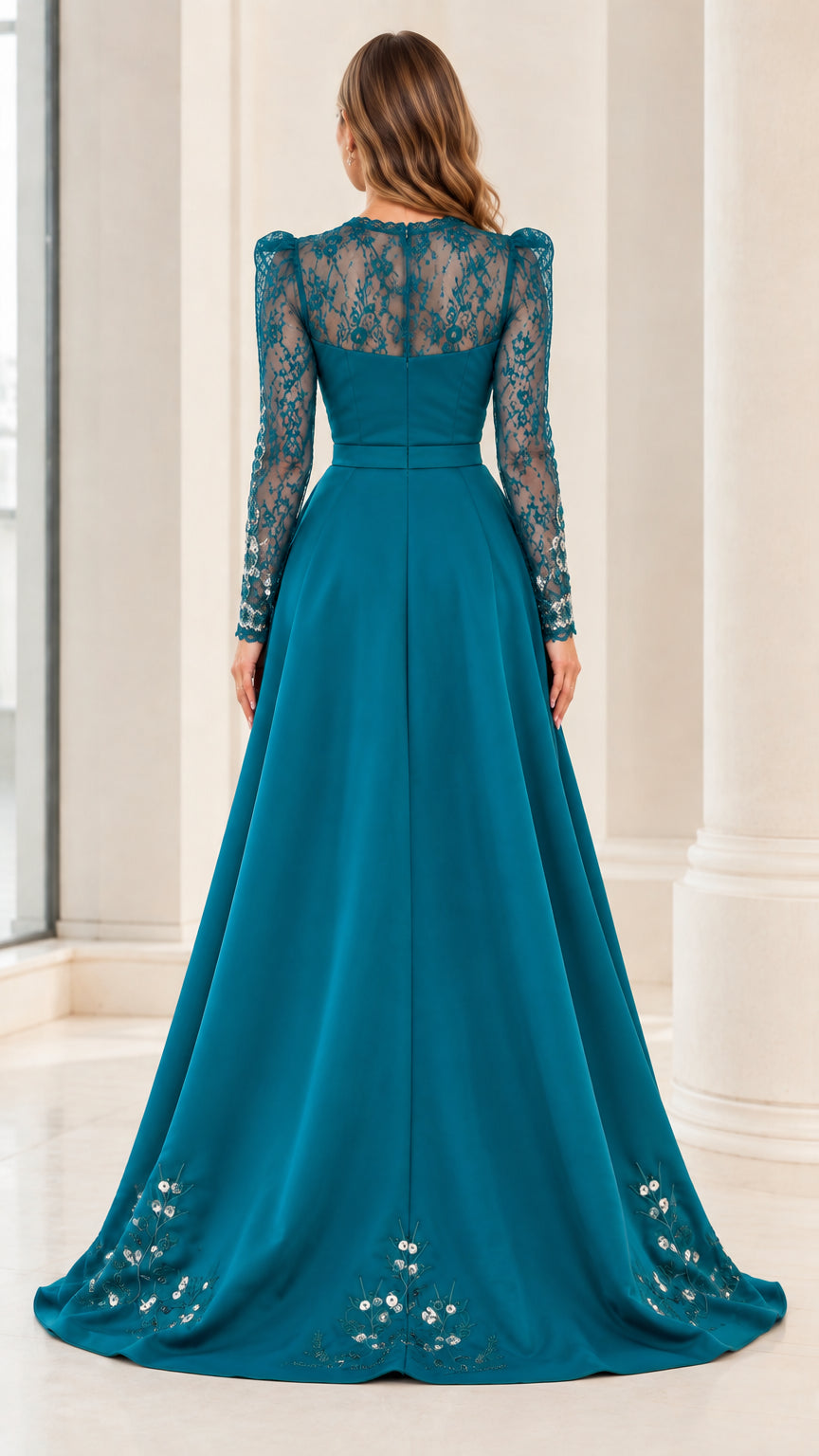Back view of model in Teal floor length lace and satin formal evening gown