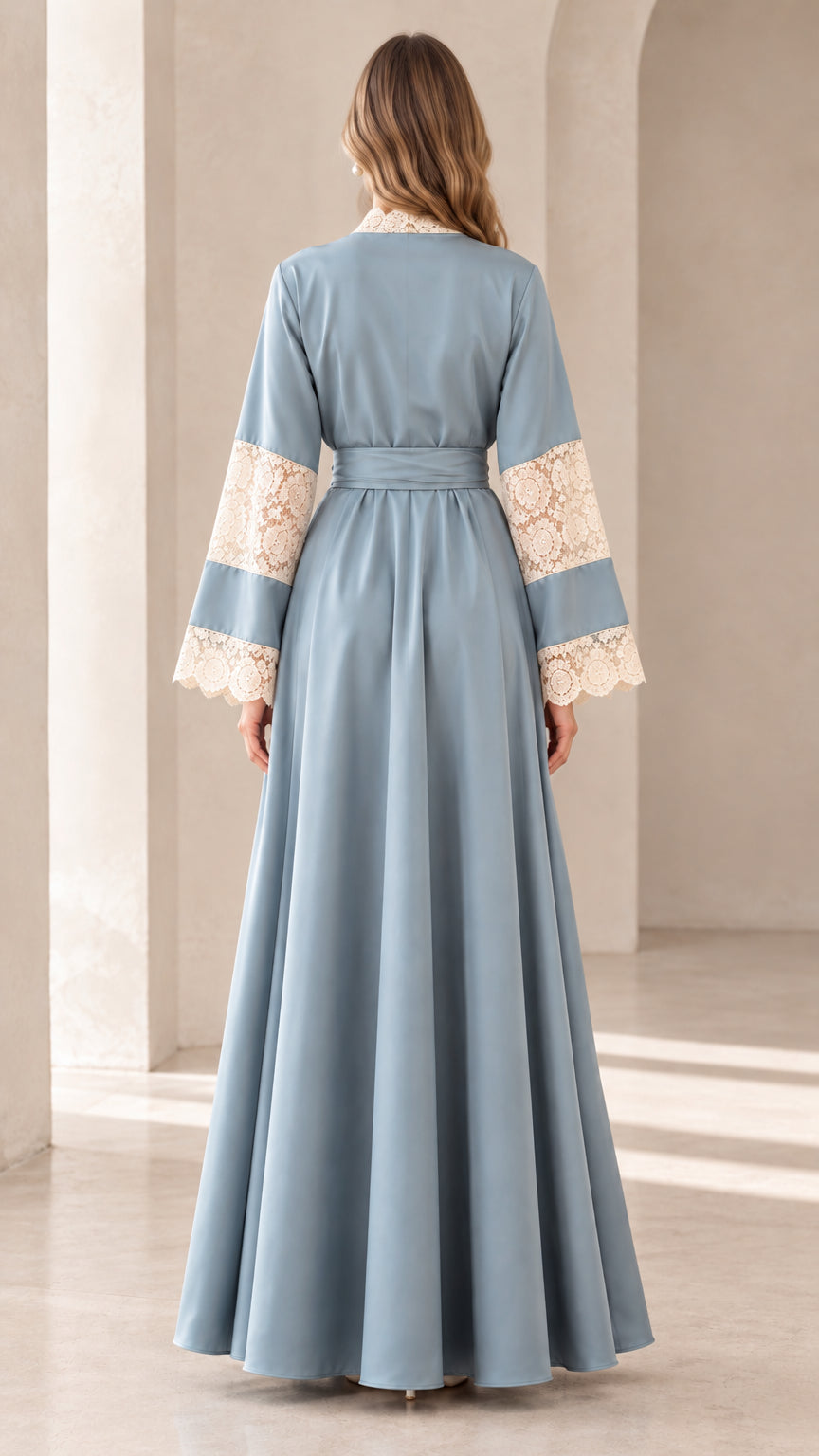 Back full view of Dusty Blue floor-length modest abaya dress