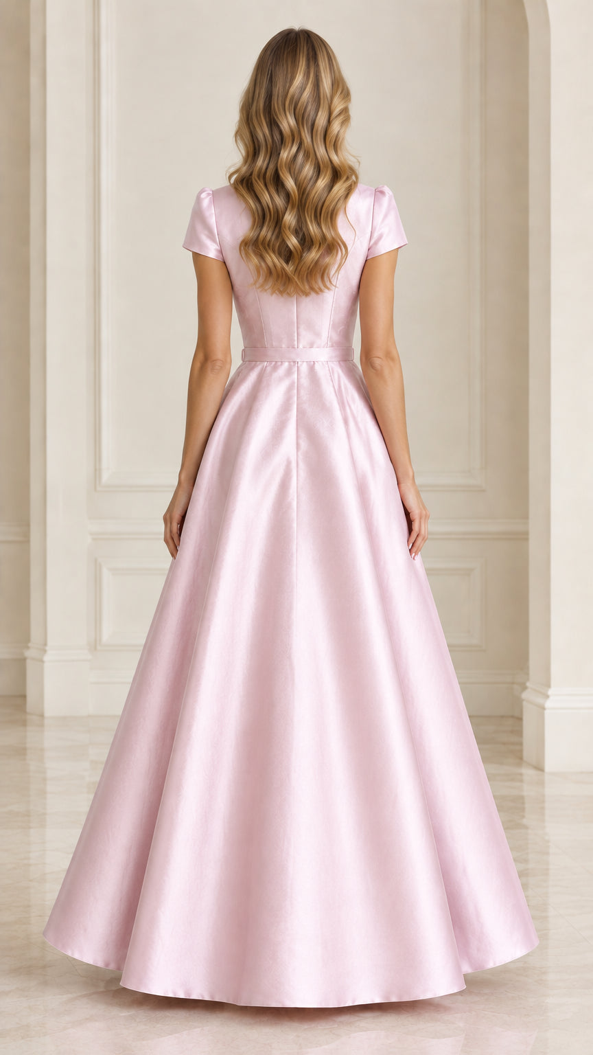 Back view of model wearing Blush Pink floor-length satin dress