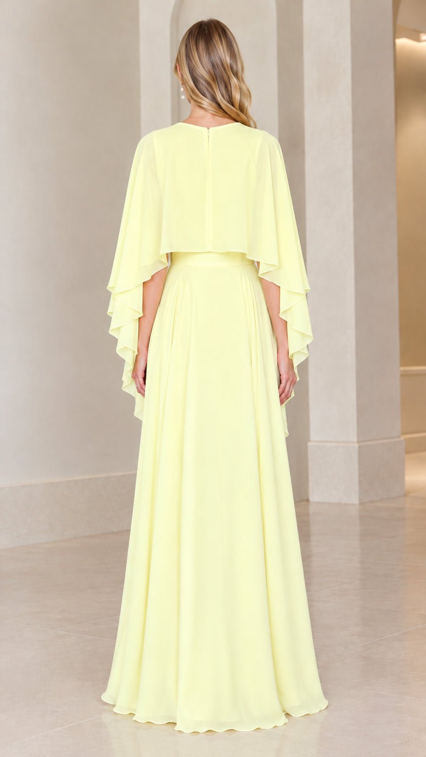Back view of pale yellow chiffon capelet evening maxi dress showcasing fluid skirt drape