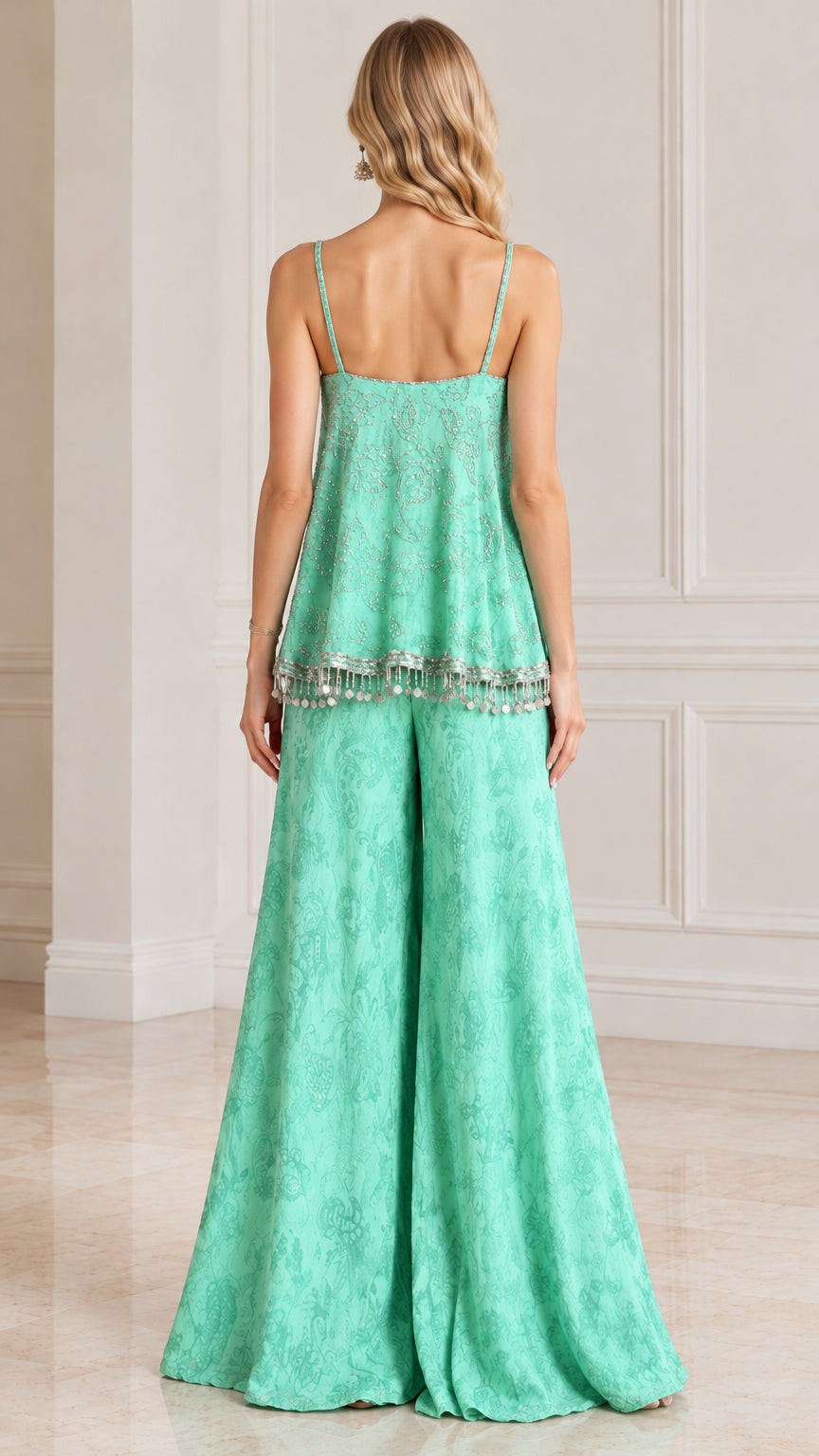 Back view of mint green strappy camisole top and sweeping wide-leg pants set