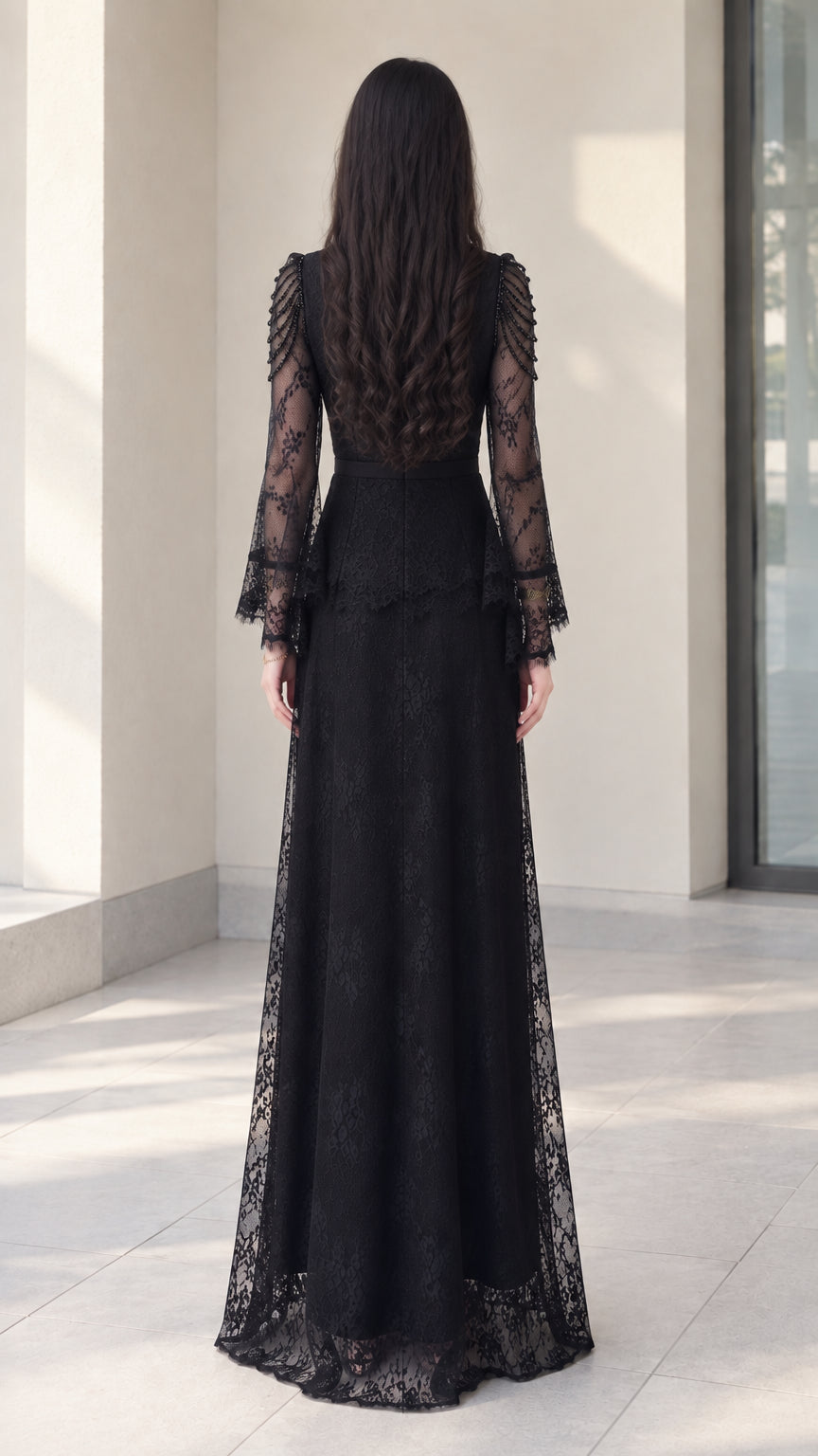 Black lace peplum maxi dress back view showing zipper and full skirt