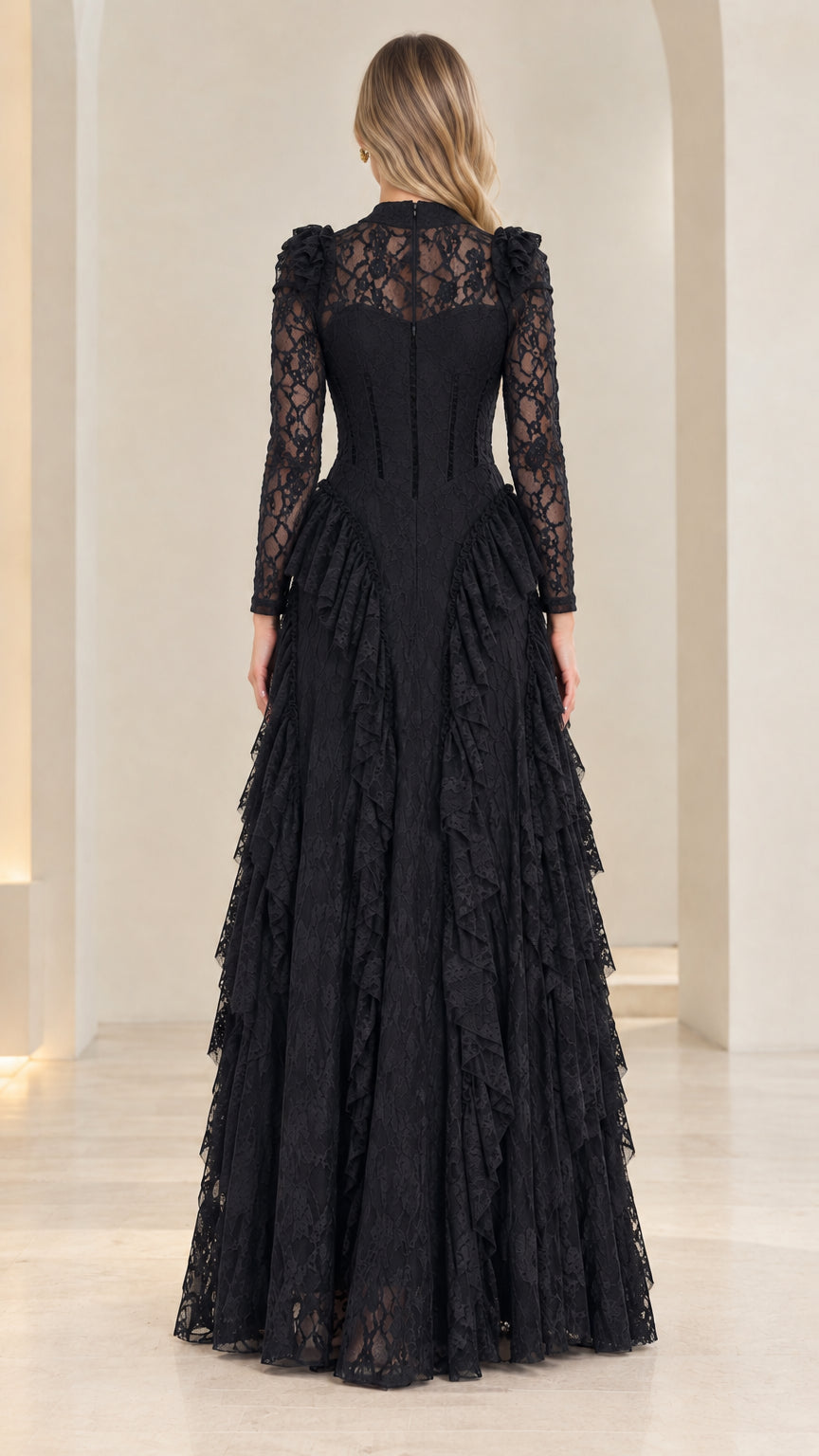 Back view of woman wearing sheer lace back black evening gown with back zipper