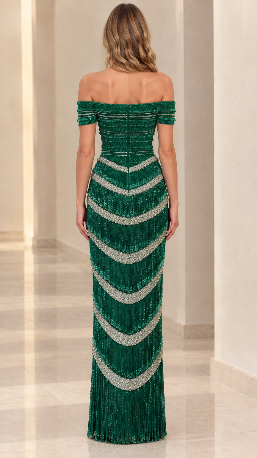Back view of emerald green beaded maxi dress with off-the-shoulder design
