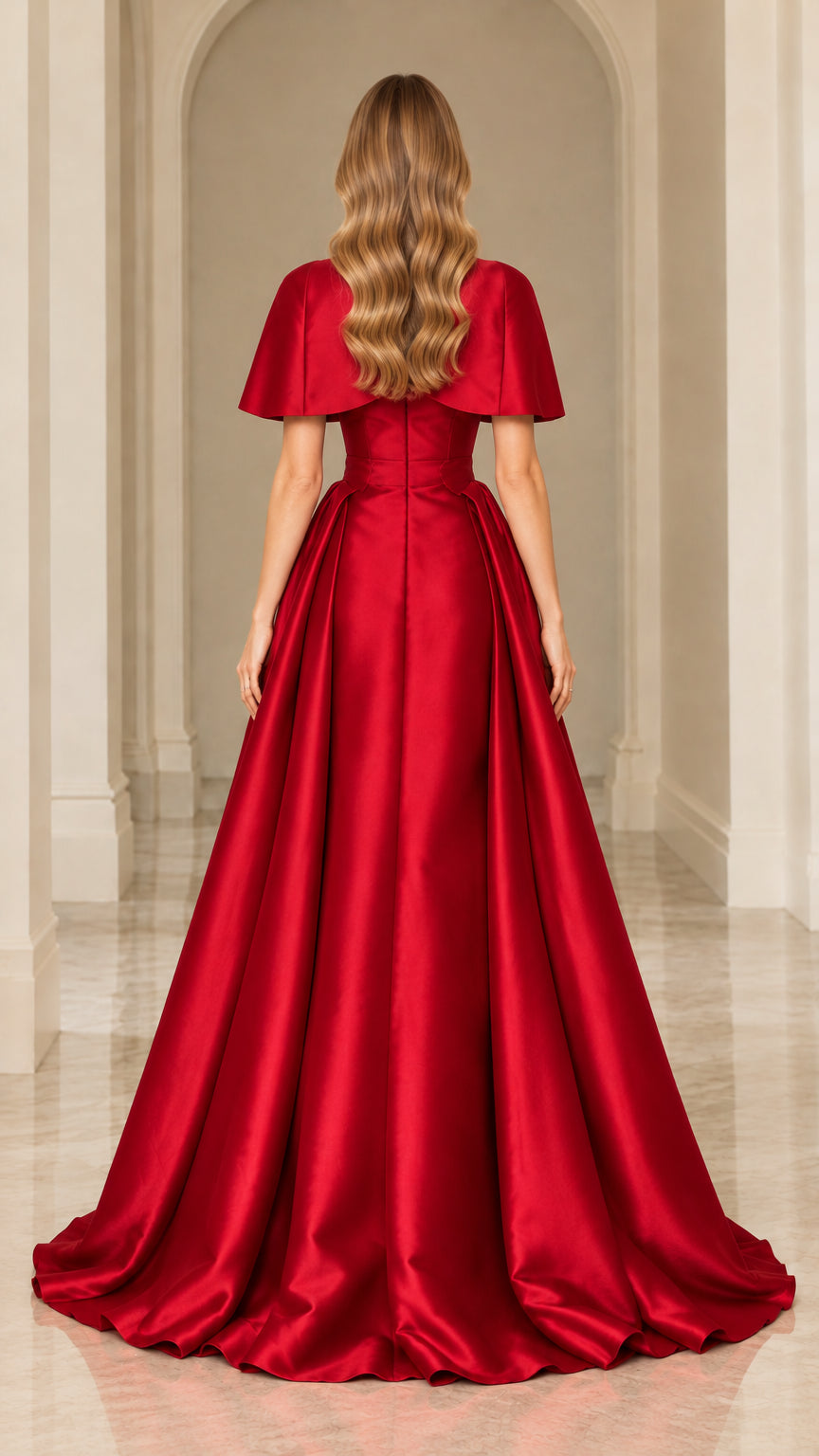 Back view of red satin capelet evening gown showing flowing skirt and waist seam
