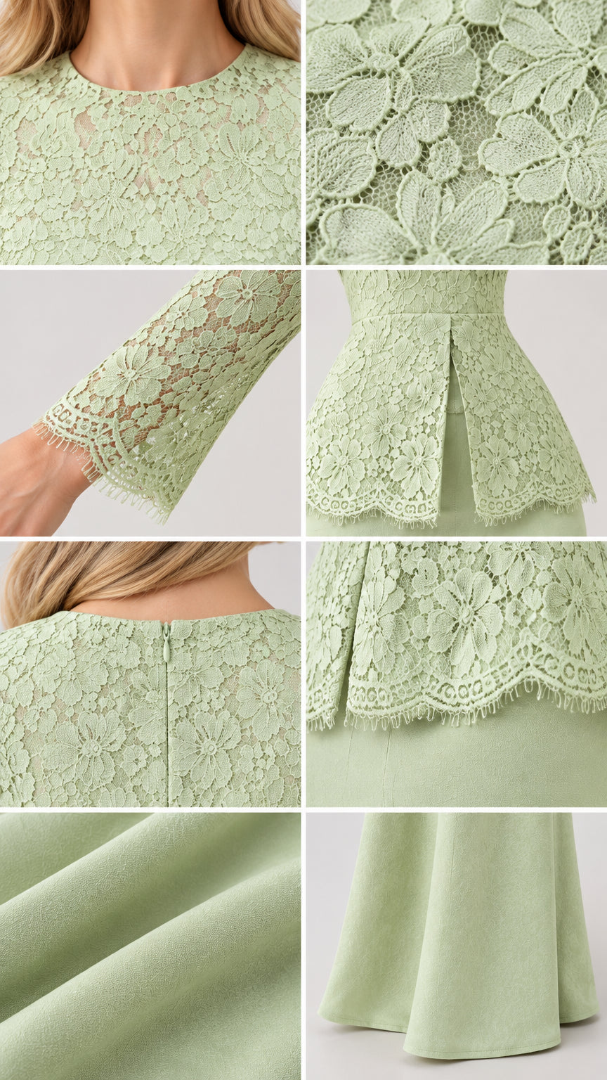 Detailed close-ups of floral lace pattern, sleeve cuffs, peplum slit, and back zipper