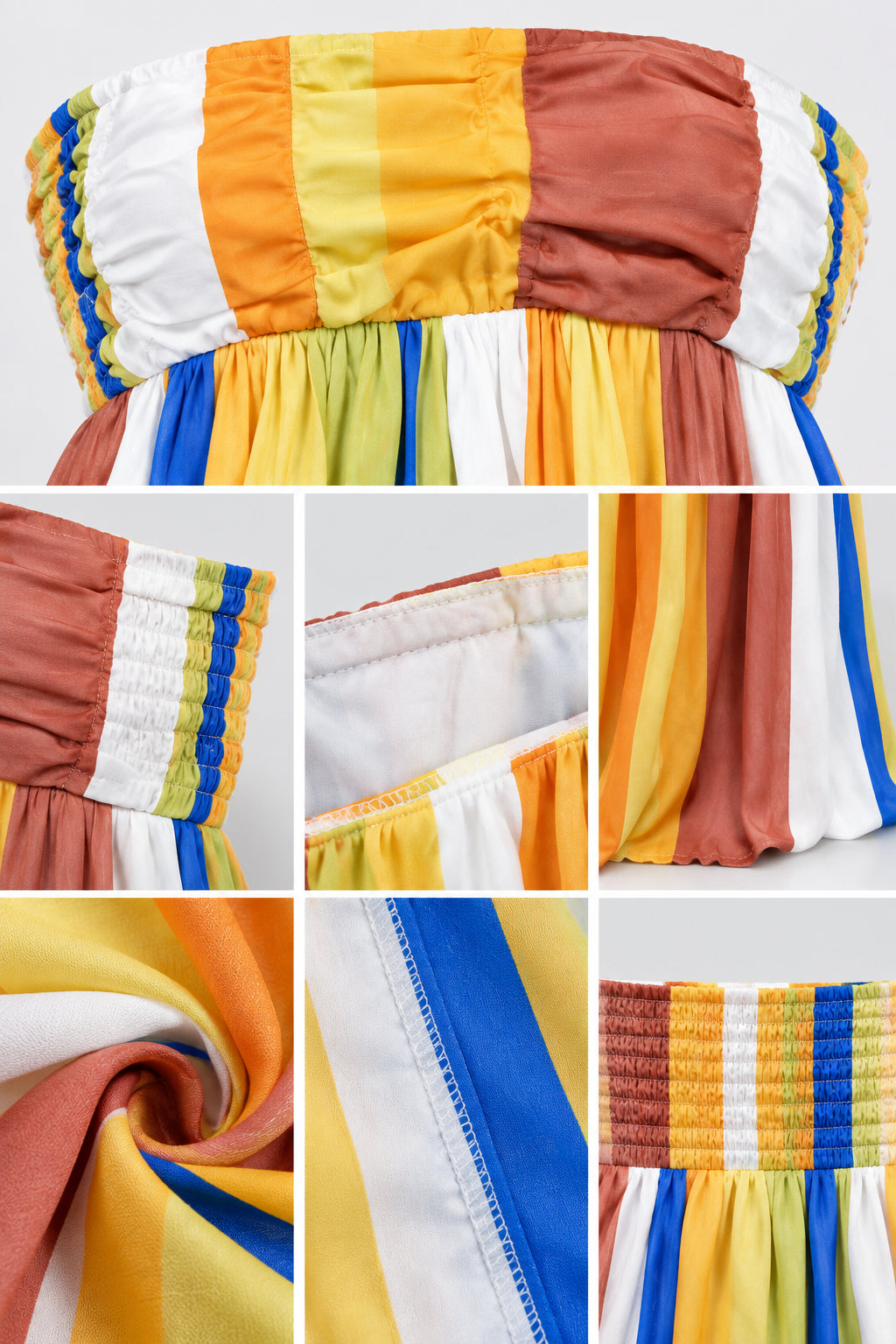 Close-up detail collage showing smocked neckline, hemline, and striped fabric