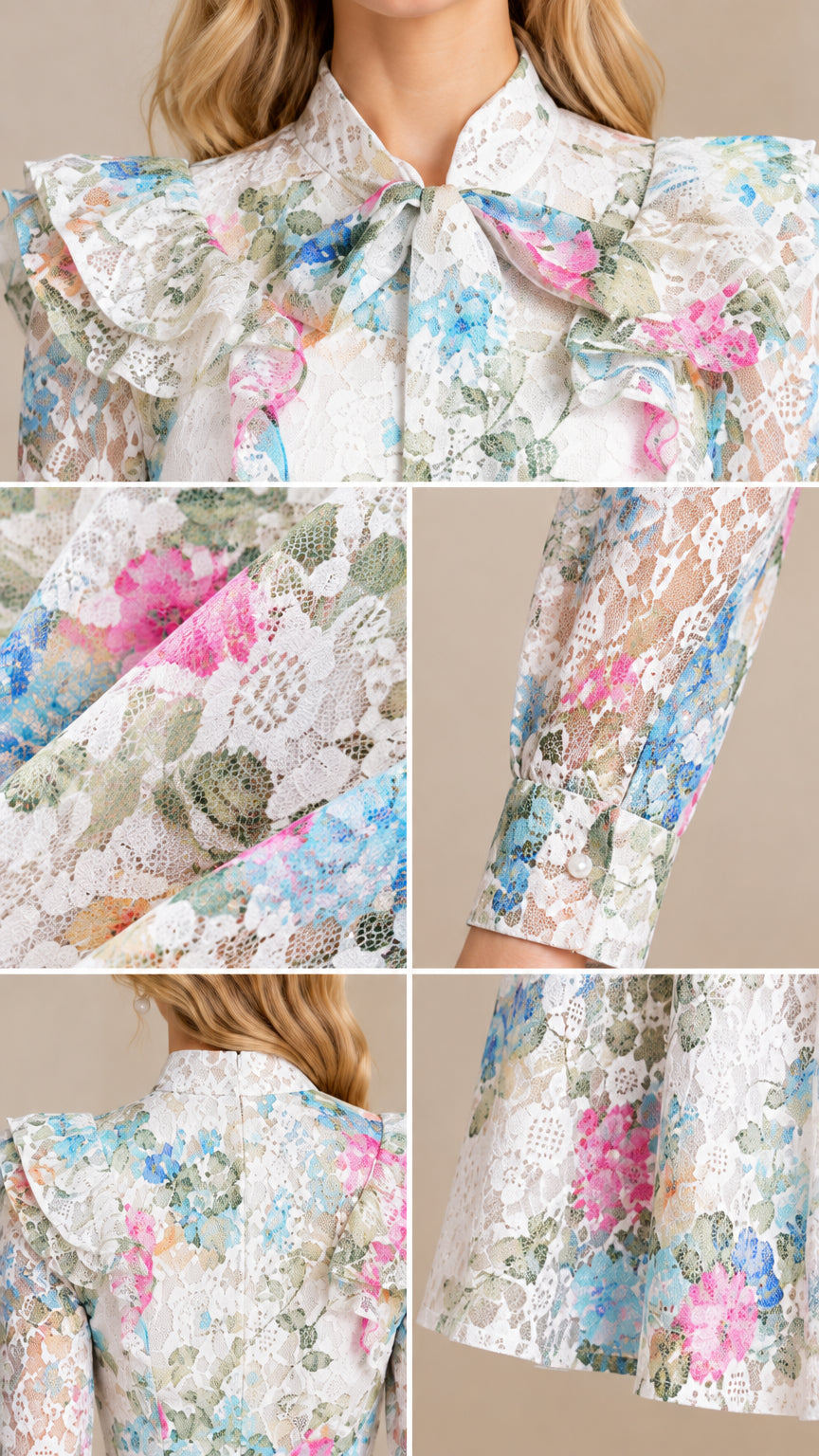 Detailed close-ups of lace texture, neck bow, ruffled shoulders, and sleeve cuffs