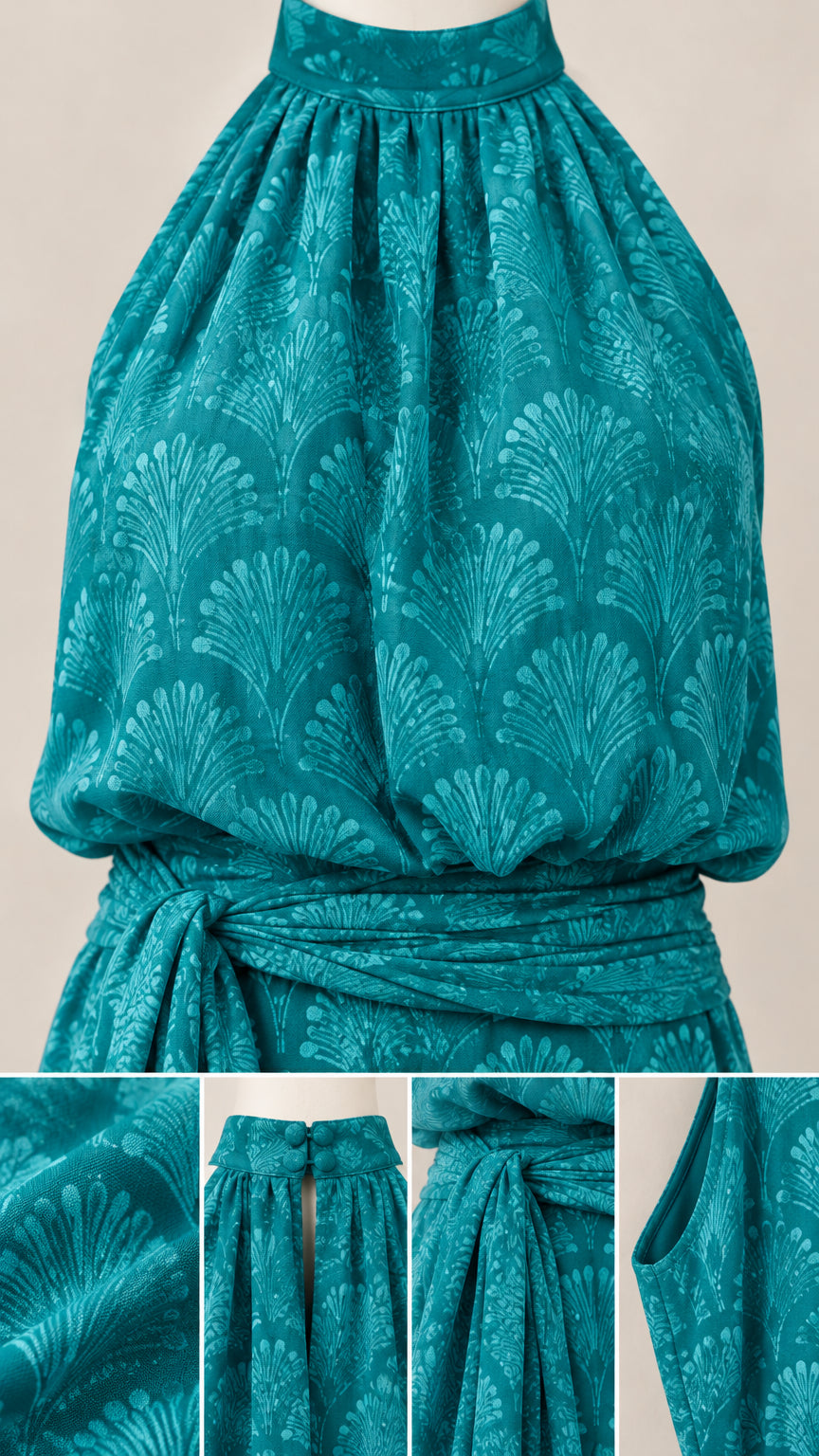 Detailed close-up of teal halter neckline, waist sash drape, and textured print