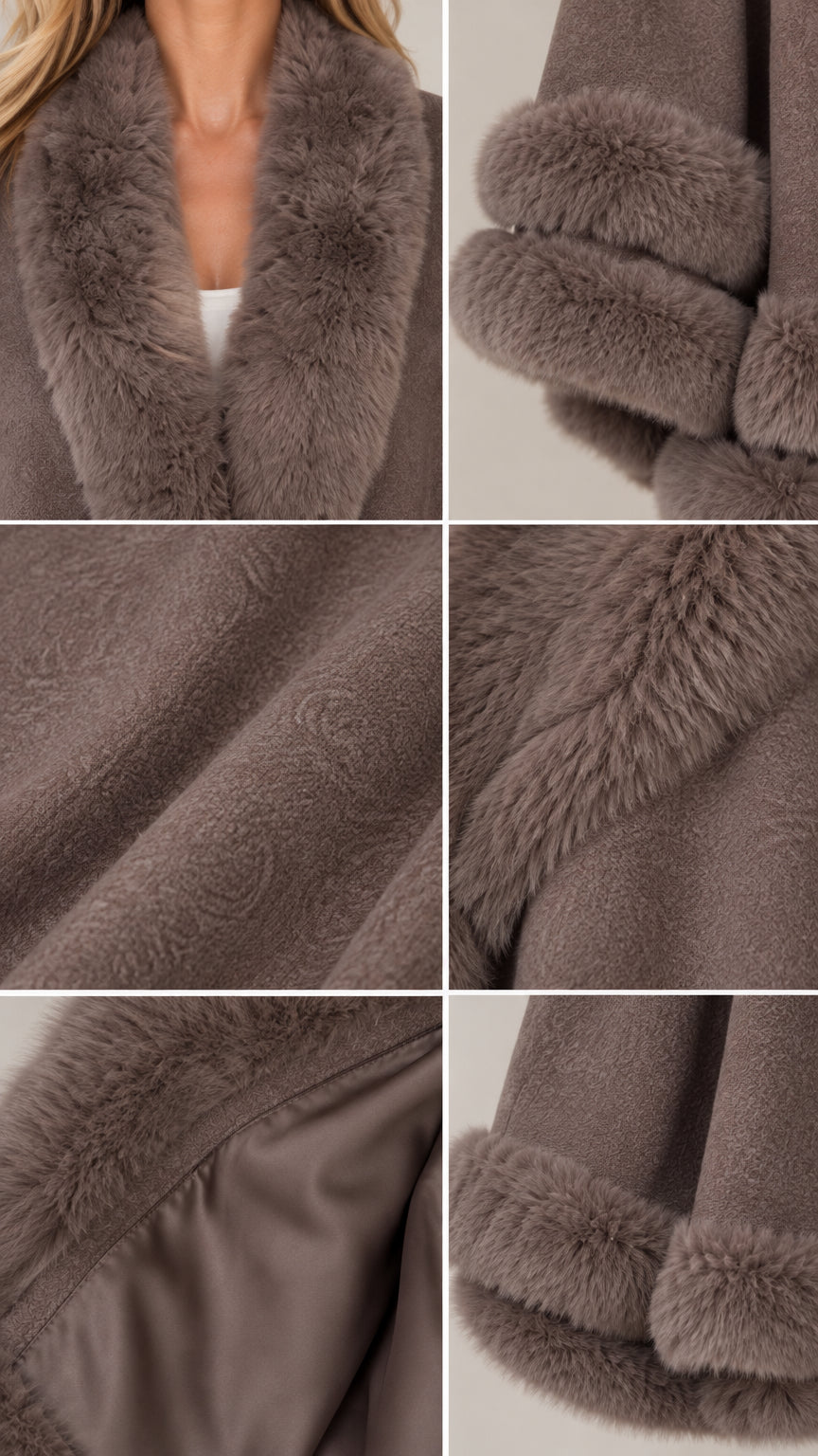 Detailed close-ups of faux fur trim, soft fabric texture, and interior lining