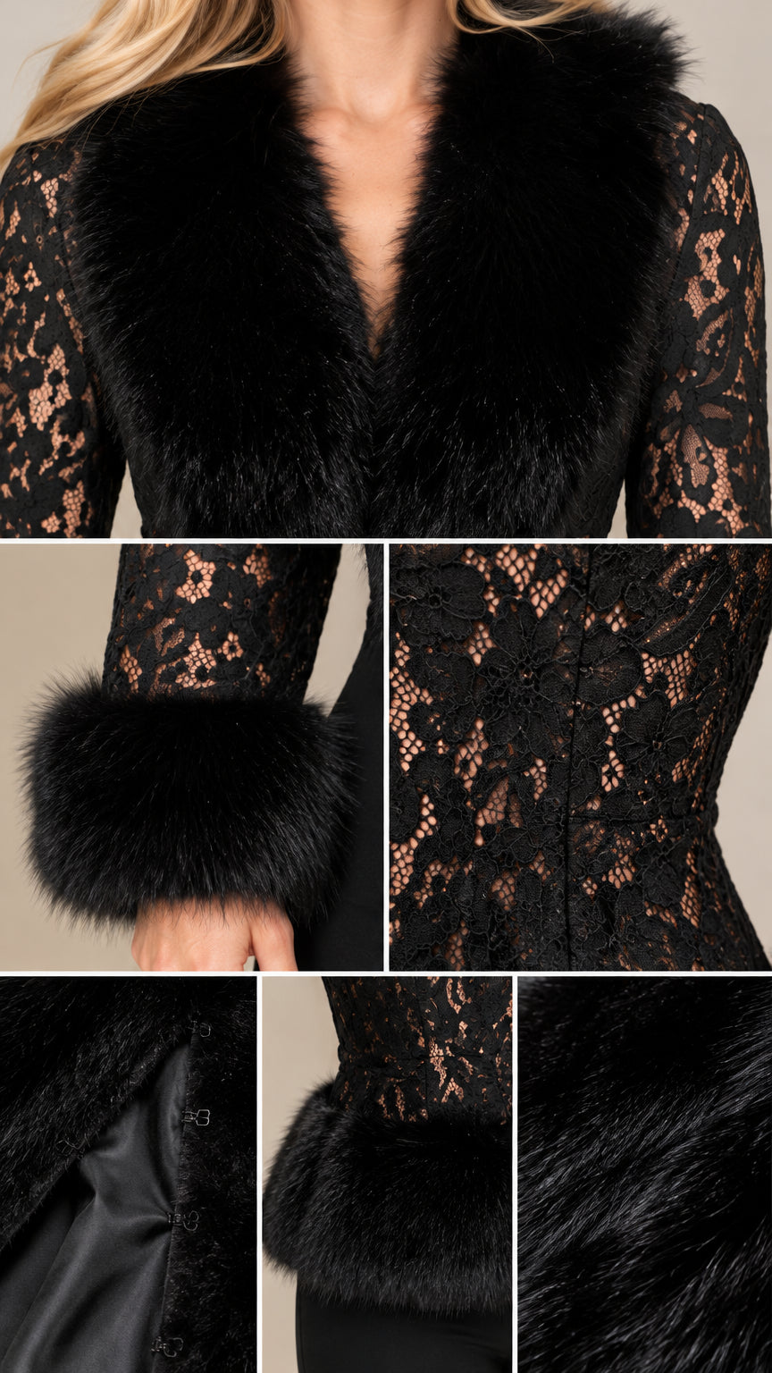 Close-up details of black lace fabric, faux fur cuffs, neckline, and hook-and-eye closure