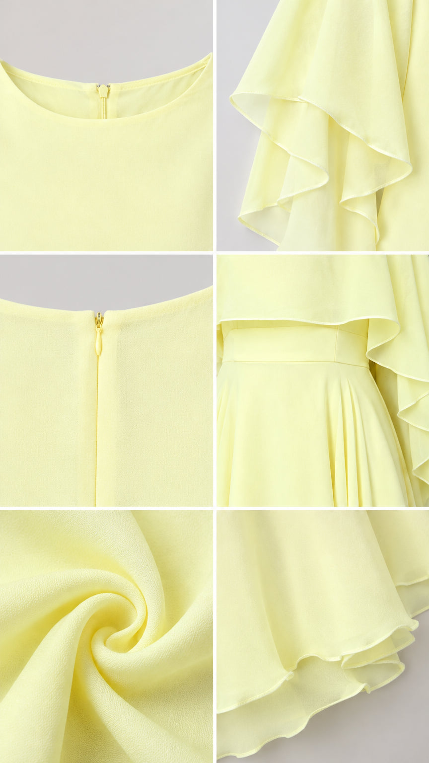 Close-up details of neckline, hidden zipper, pleated waistline, and chiffon fabric texture