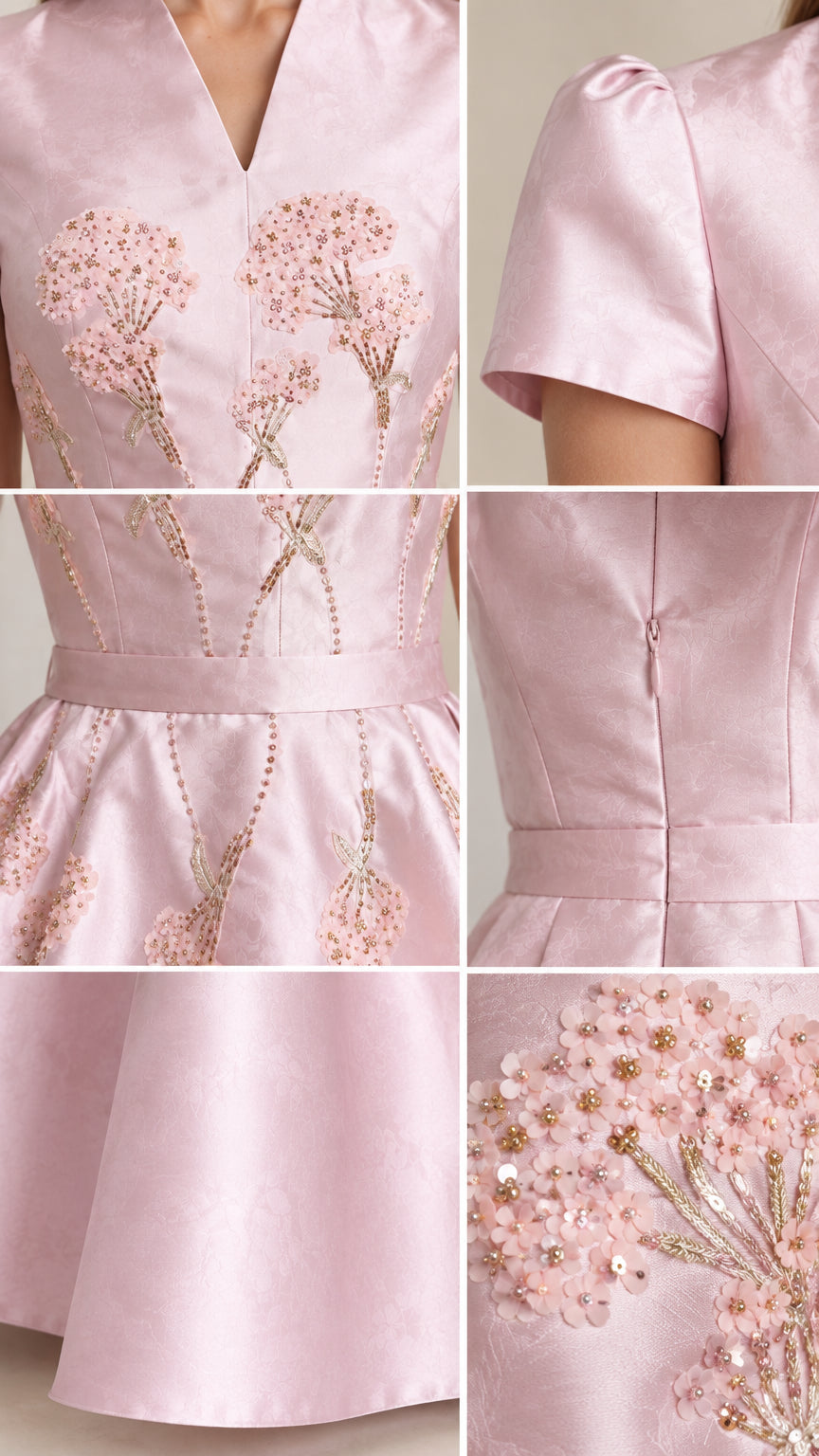 Close-up details of bodice floral beadwork and sleeve tailoring