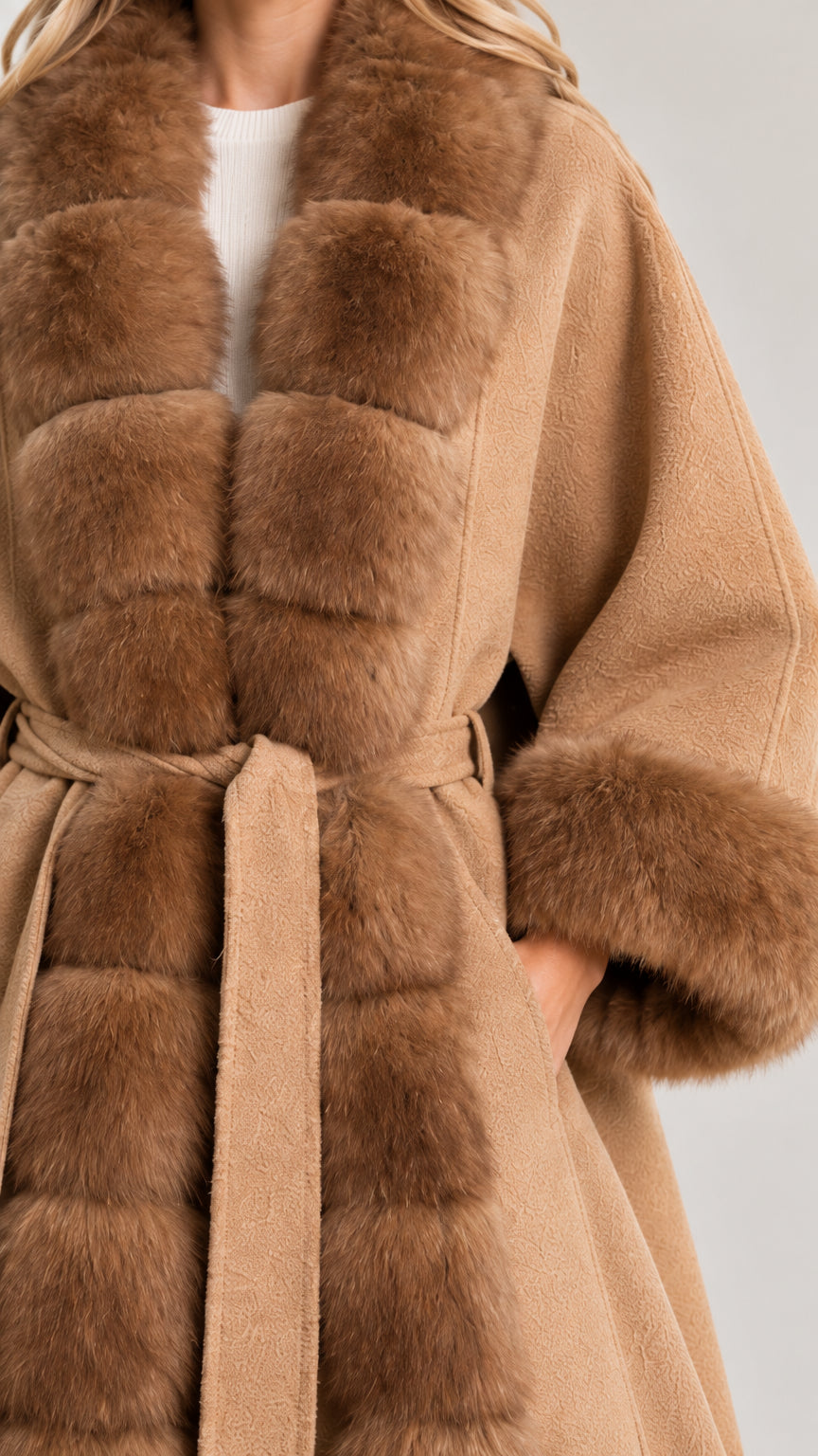 Close-up detail of Camel coat showing plush faux fur trim and self-tie belt