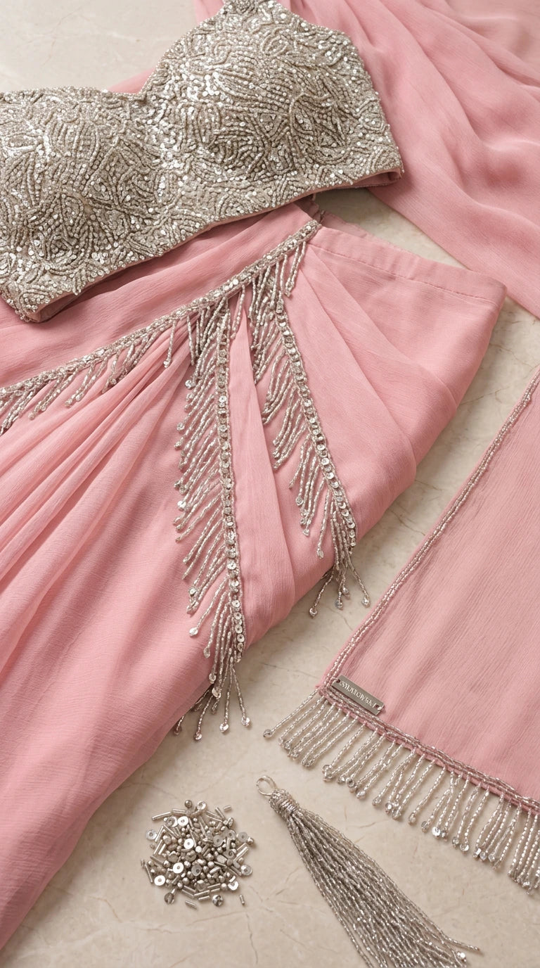 Close-up detail of silver sequin blouse, beaded fringe trim, and delicate fabric texture