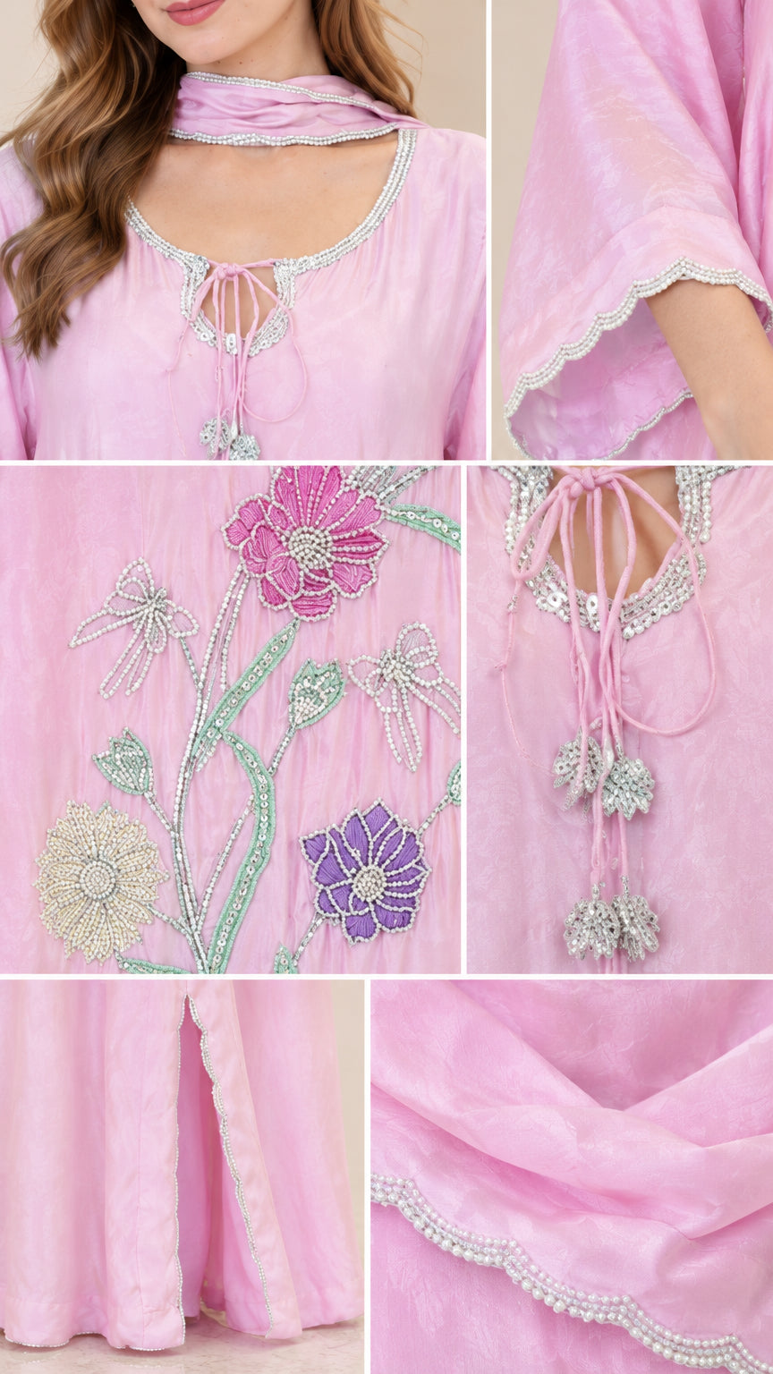 Detailed close-ups of neckline tassels, floral bead embroidery, and sleeve trims on Light Pink kaftan