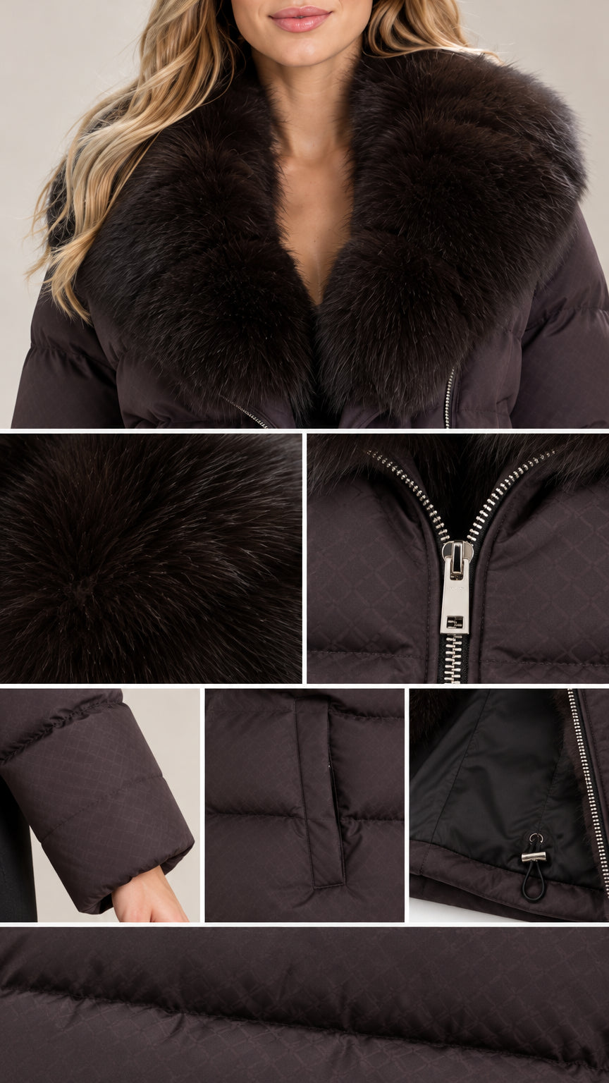 Close-up details of faux fur collar, zipper hardware, cuff, and quilted texture on brown jacket
