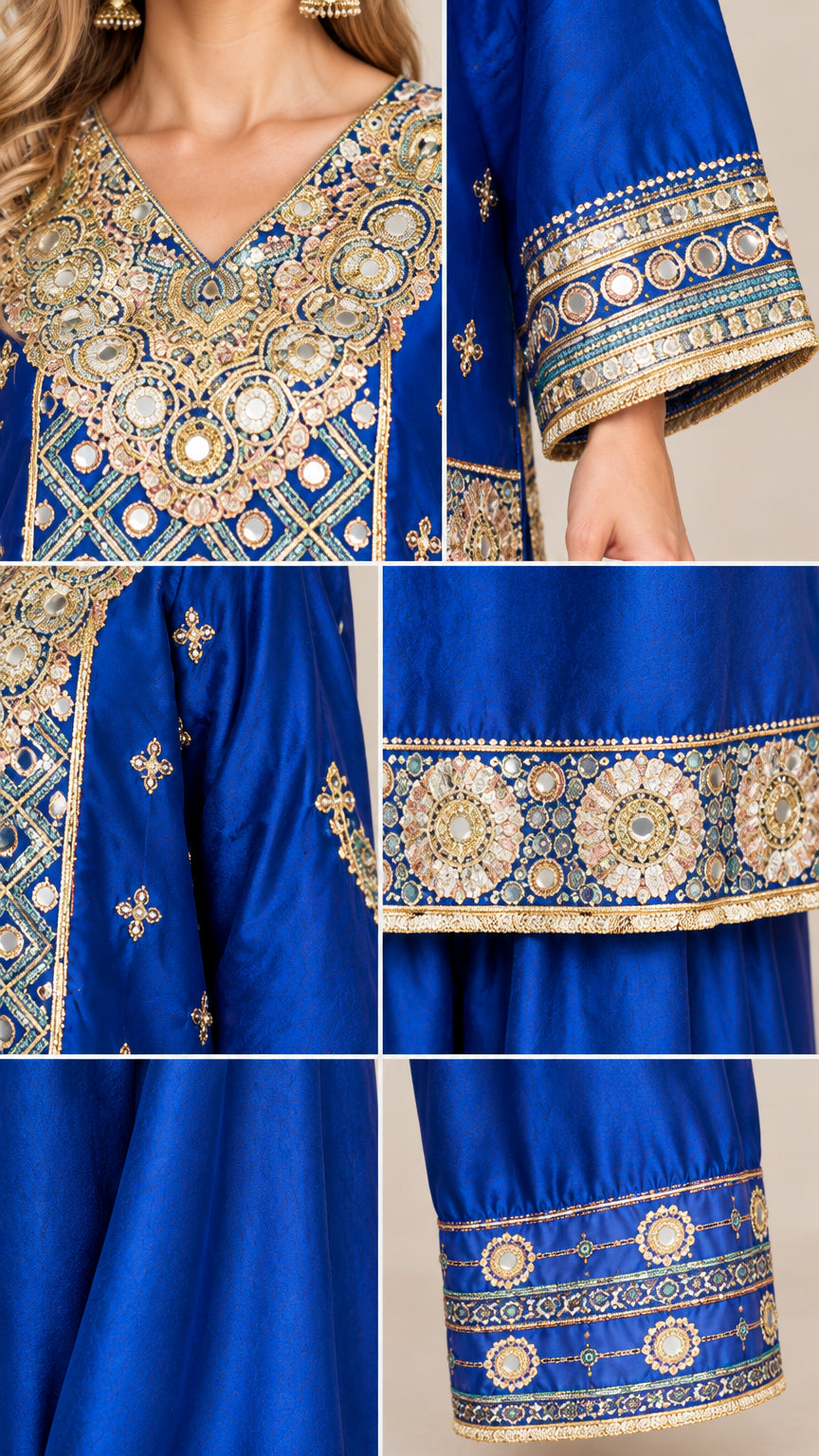 Detailed close-up of metallic embroidery and embellishments on royal blue fabric