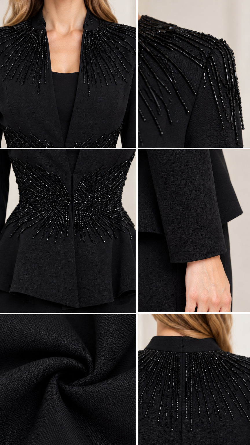 Close-up details of black fabric, shoulder beading, waist embellishment, and peplum hem