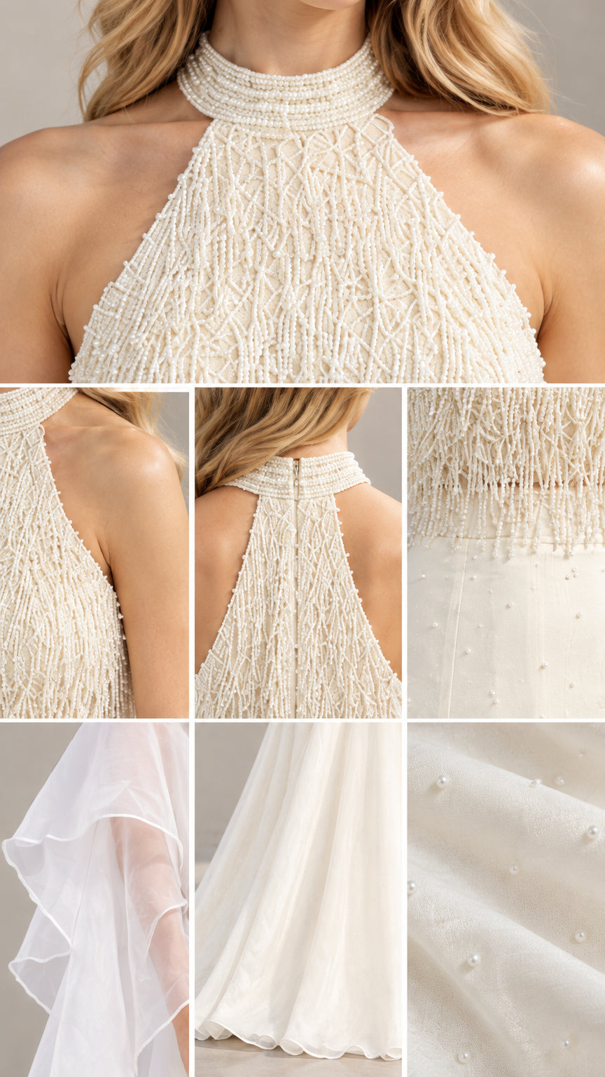 Close-up details of beaded fringe neckline, back closure, and chiffon ruffle wrap