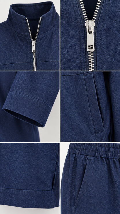 Close-up details of collar zipper cuff pockets and elastic waist on navy blue set