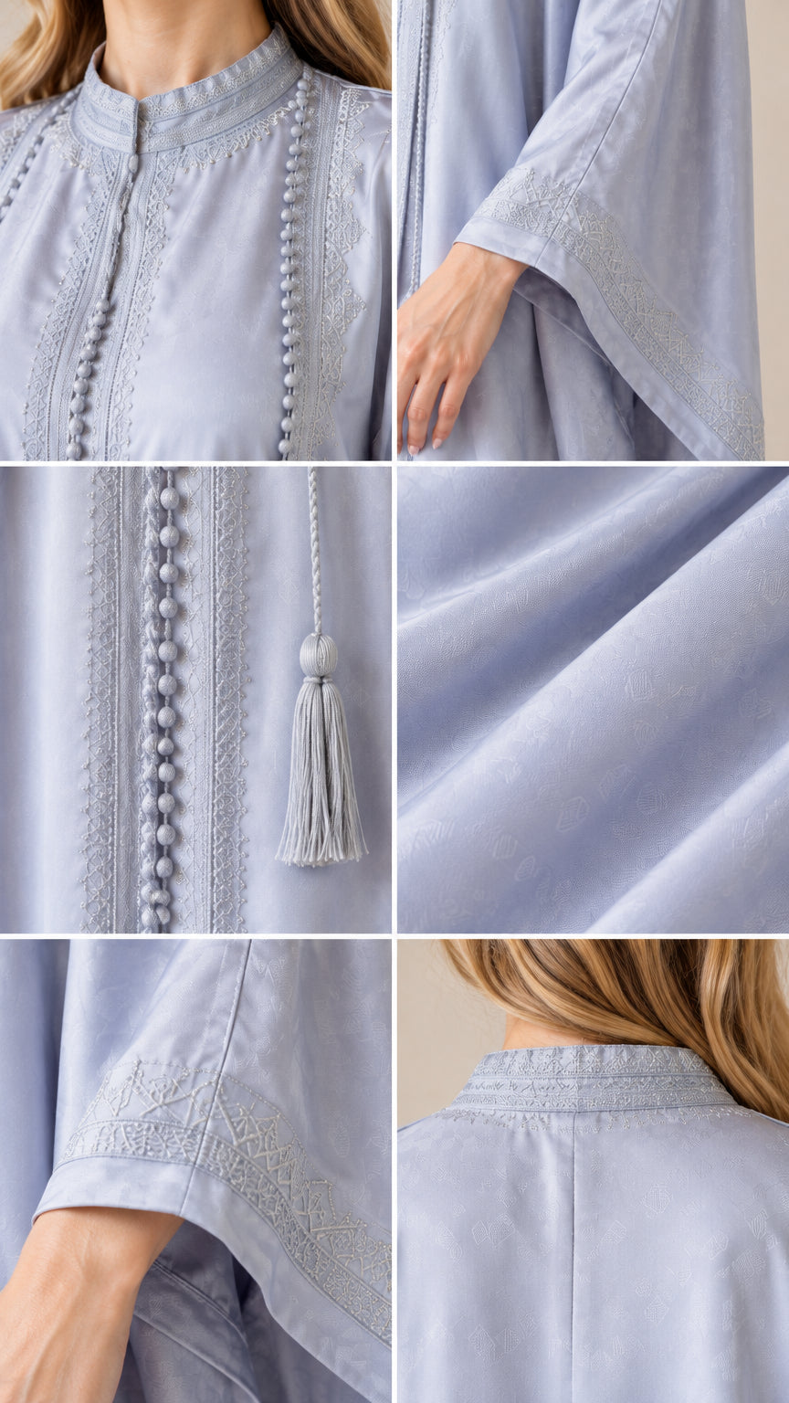 Detailed collage showing embroidery, tassel accents, textured jacquard fabric, and cuff details