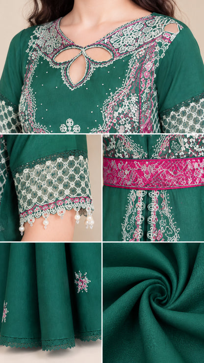 Close-up details of embroidery, keyhole neckline, beaded sleeve fringe, and woven fabric
