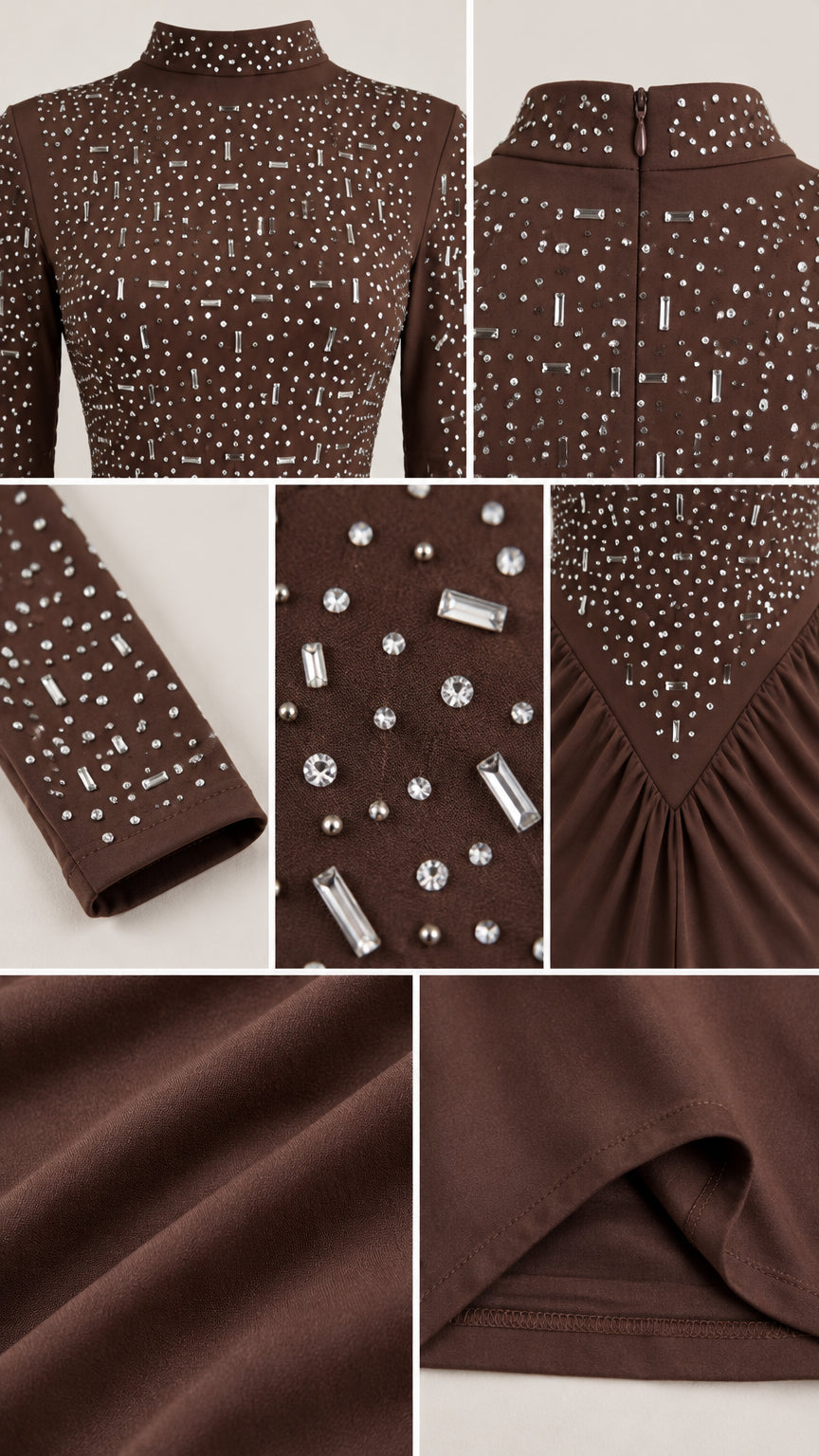 Close-up details of sparkling rhinestones, mock neckline, cuffs, and stretch fabric