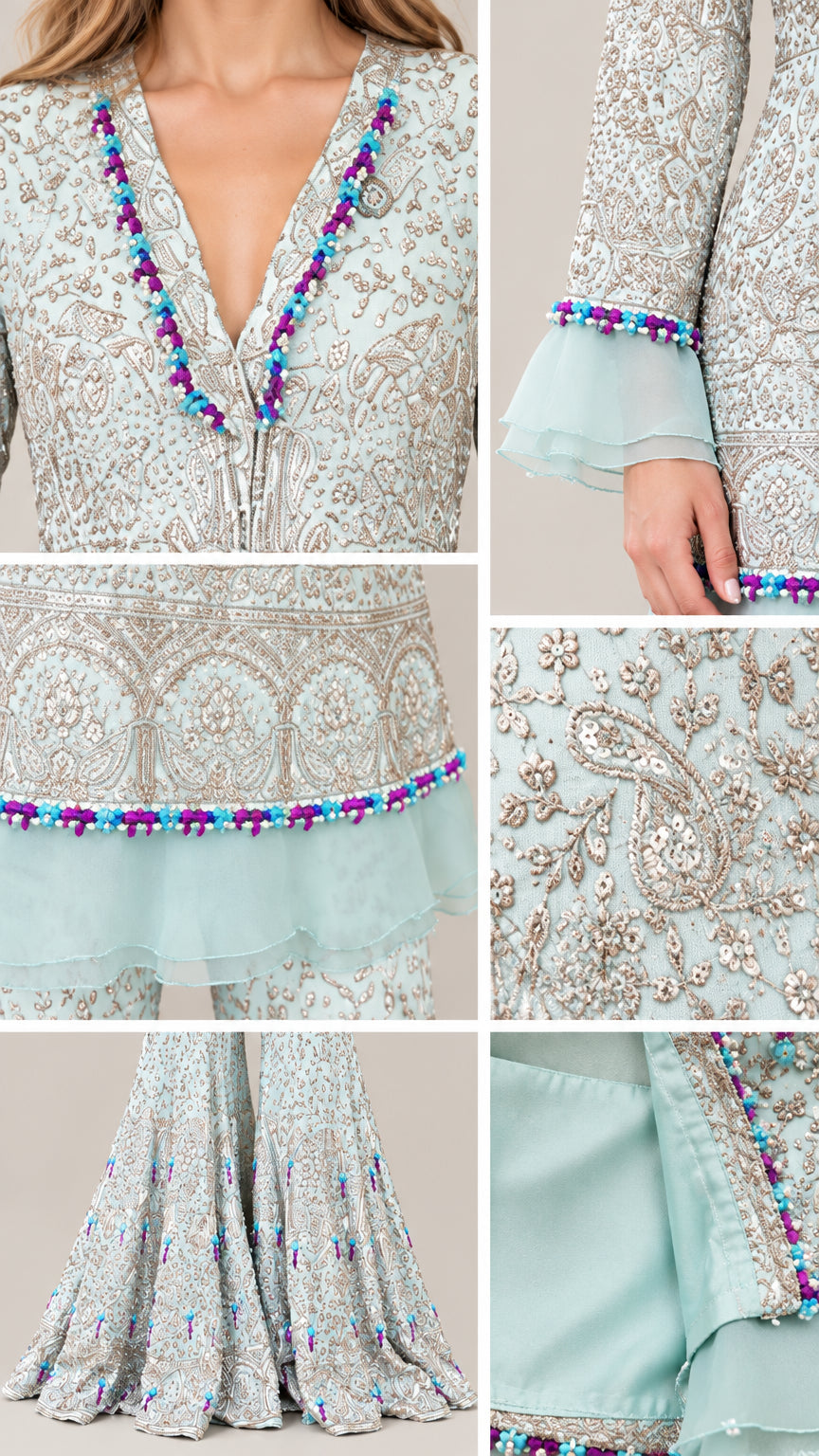 Close-up details of embroidery, beaded neckline, ruffled sleeve cuffs, and flared pant hem