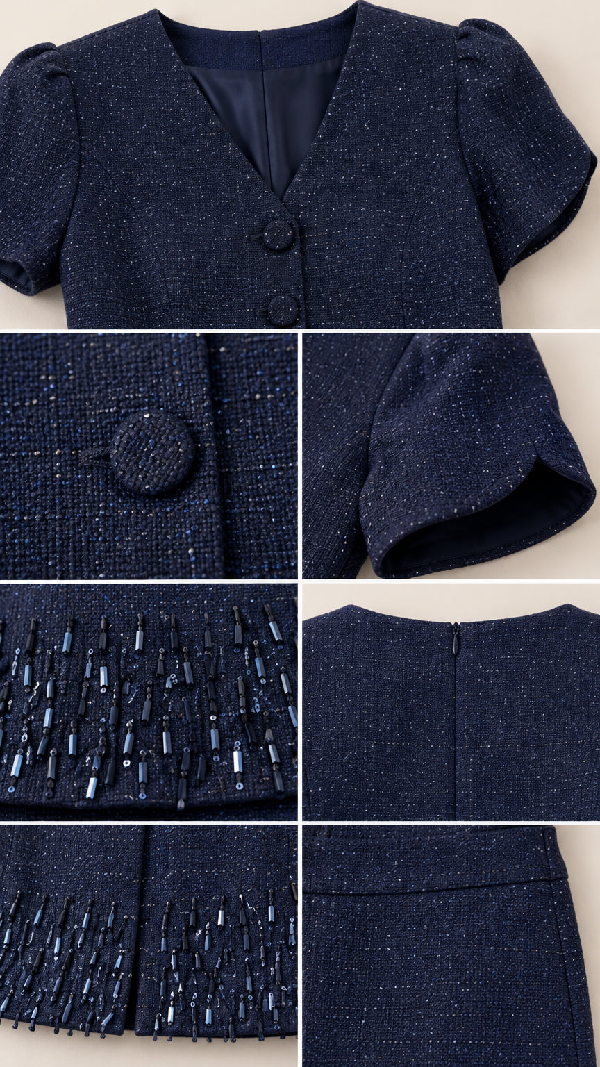Close-up detail collage of navy blue textured fabric, covered buttons, cuffs, and beaded fringe trim