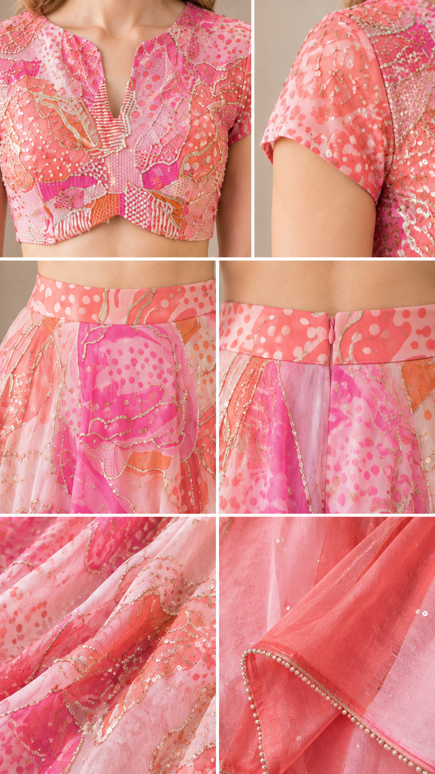 Close-up details of sequin embroidery, fabric texture, and waistband on pink set