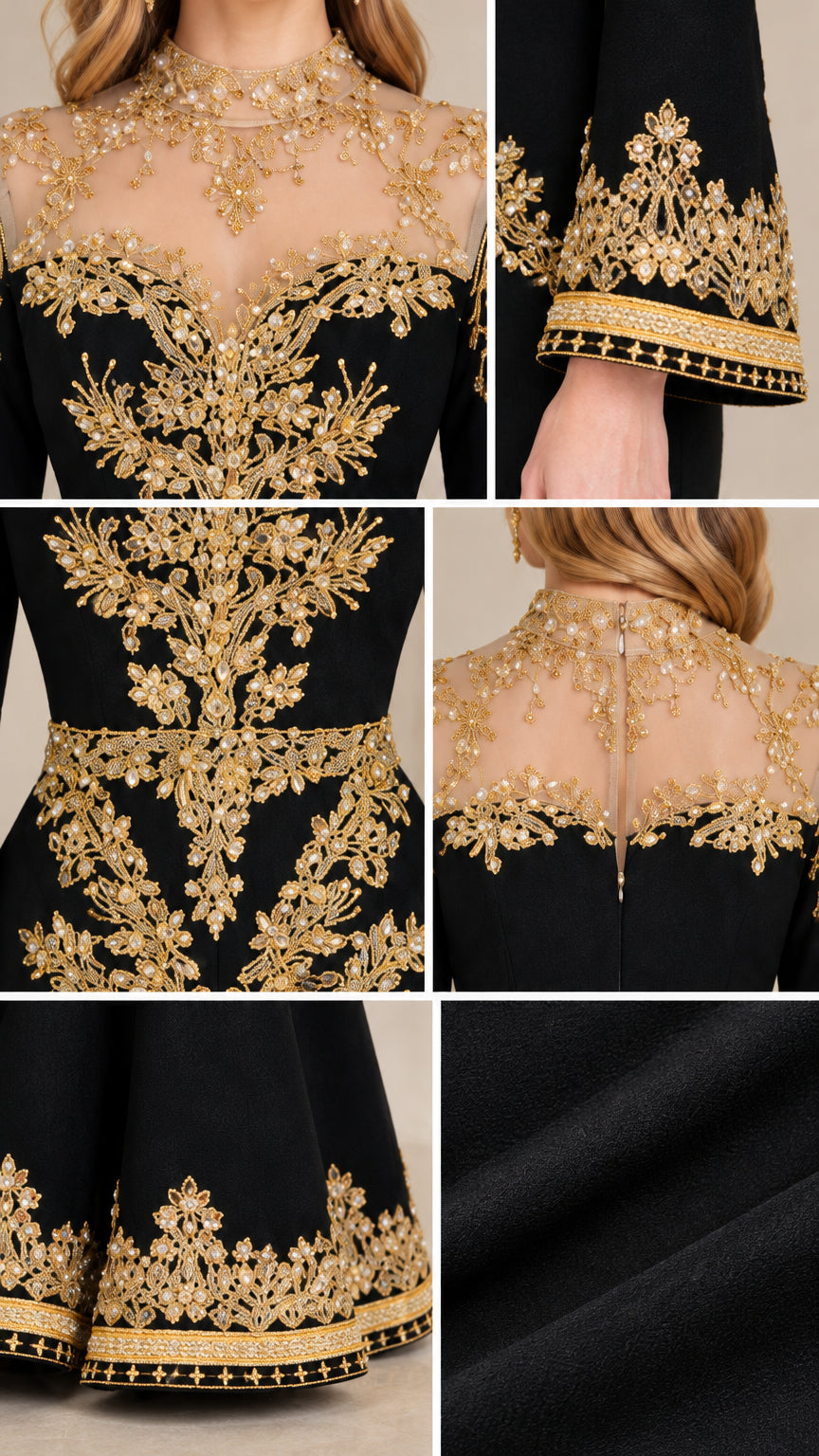 Close-up details of intricate gold embroidery, sheer mesh neckline, and textured fabric