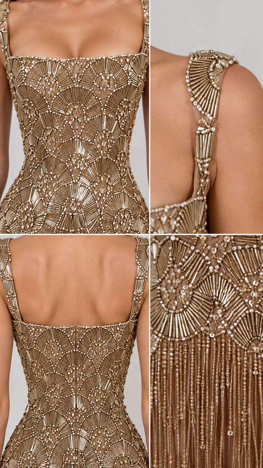 Close-up detail of geometric beadwork and fringe construction on bodice and straps