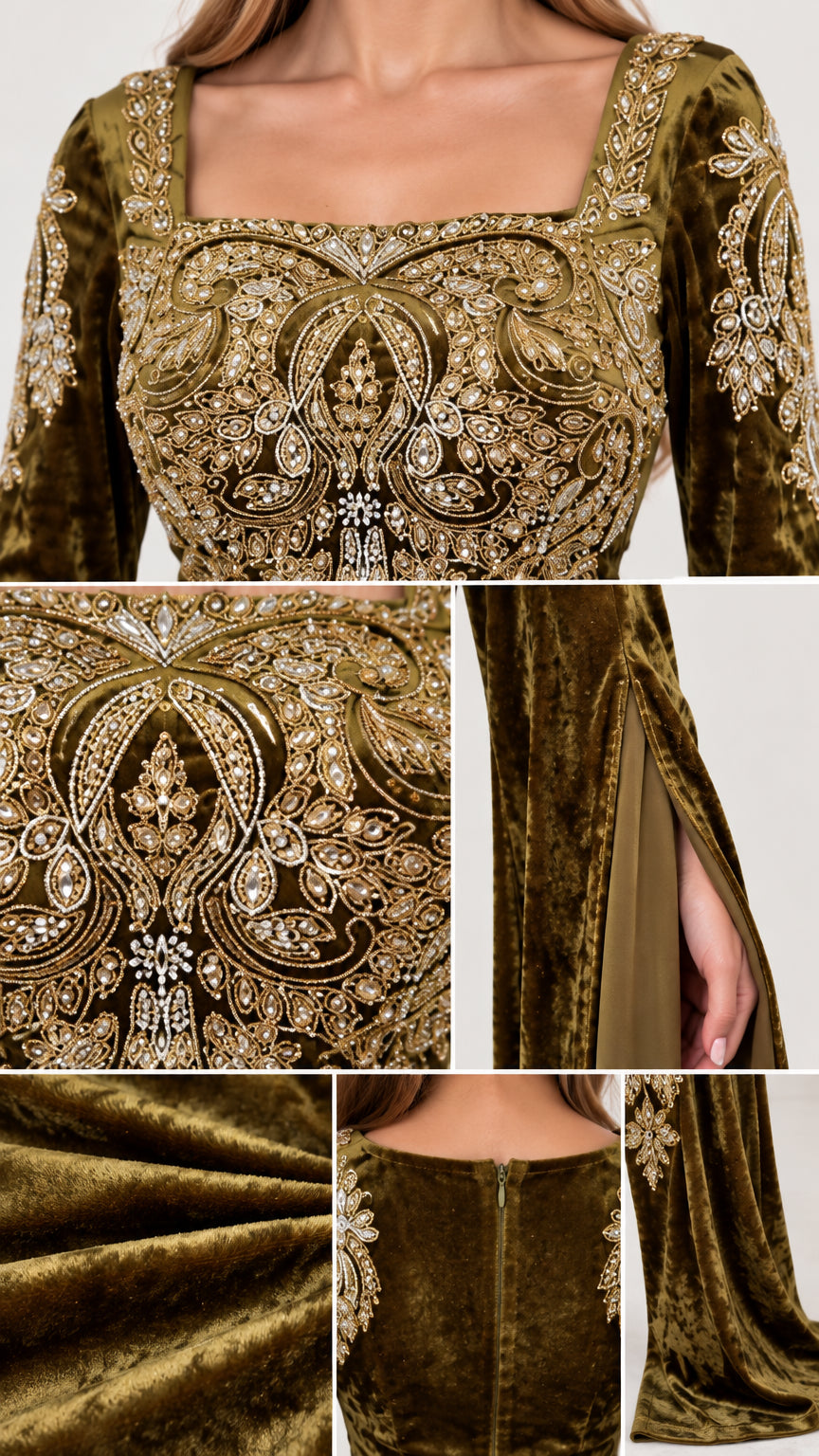 Close-up details of intricate gold bodice embroidery, velvet texture, and back zipper construction