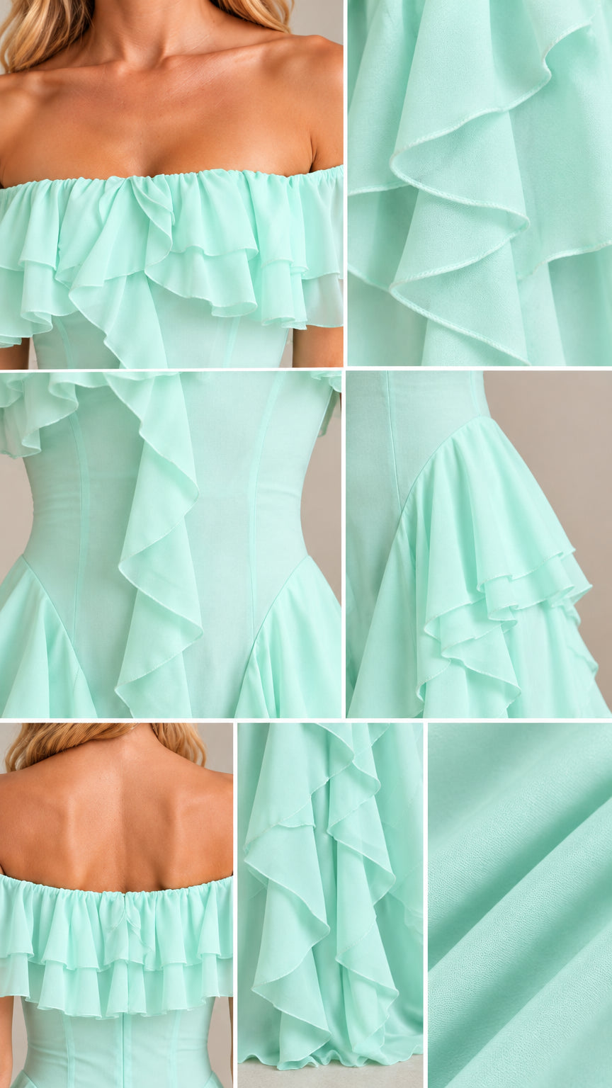 Detailed close-up views of mint green bodice ruffles, waist seams, and fabric texture