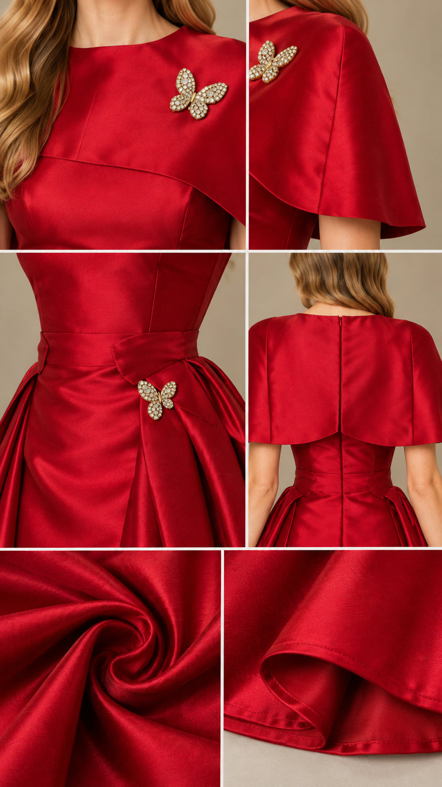 Close-up details of red satin evening gown showcasing rhinestone butterfly brooches and fabric sheen