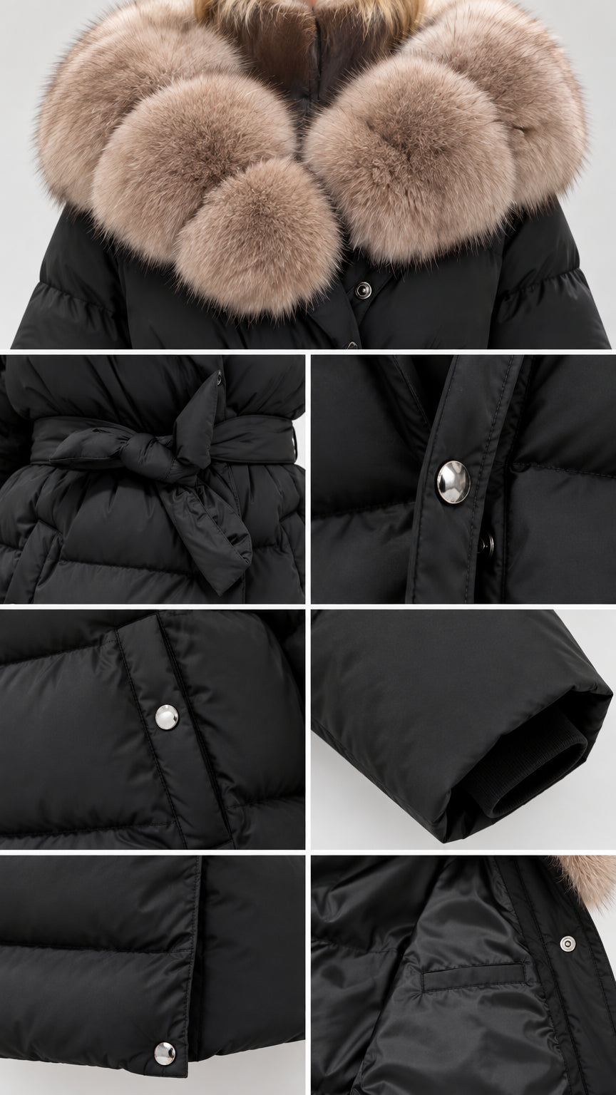 Close-up details of plush fur collar, waist belt, snap closures, and cuff