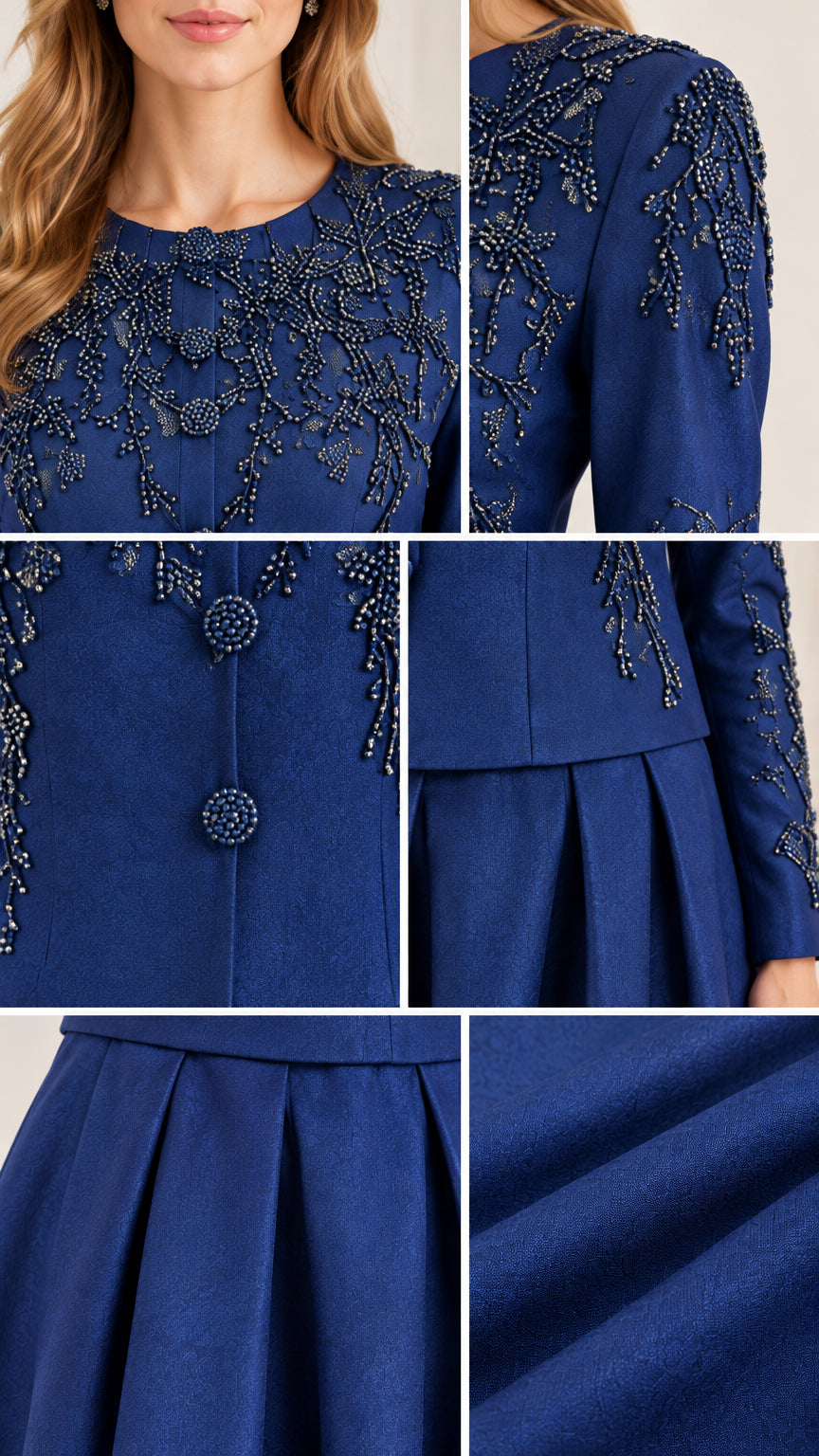 Close-up details of royal blue beaded embroidery, covered buttons, and box pleated fabric
