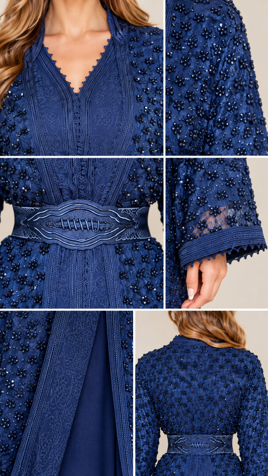Close-up details of beaded lace texture, scalloped neckline, and waist trim
