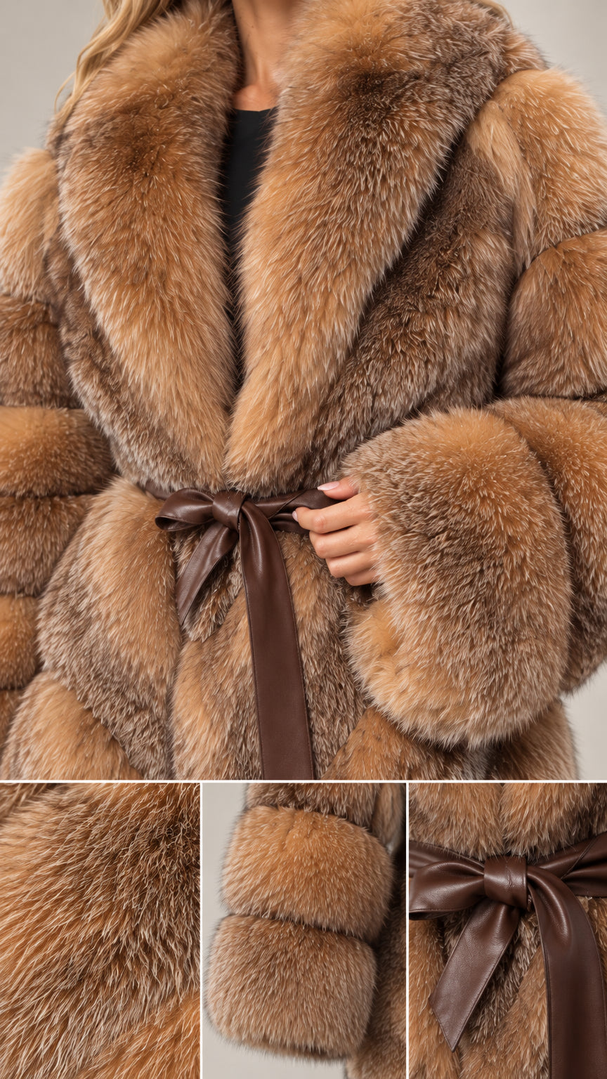 Close-up detail shot of wide shawl collar, textured fur, sleeve cuff, and belt tie