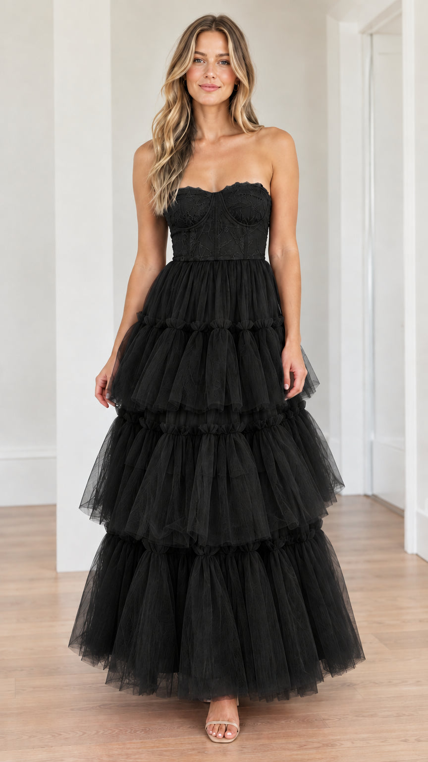 Black strapless lace corset tiered tulle maxi formal dress