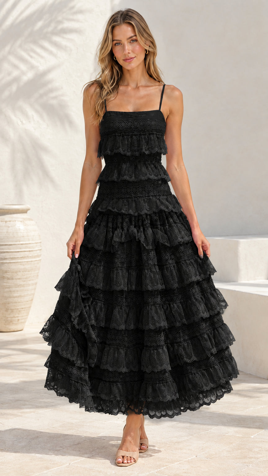Front view of woman wearing Black tiered eyelet lace cami maxi dress