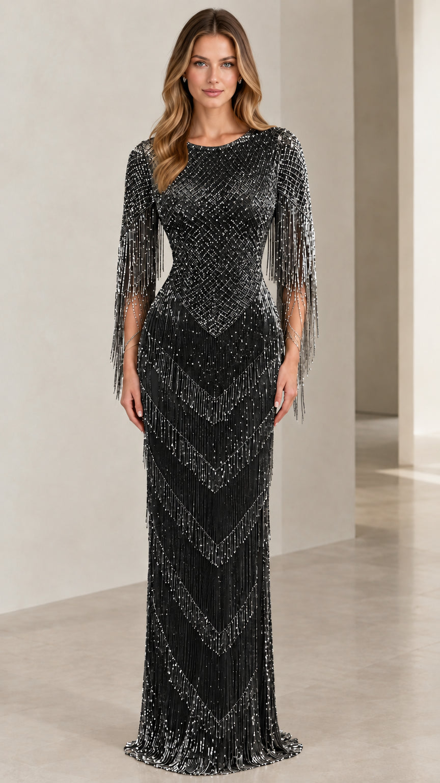 Front view of woman wearing Black beaded fringe long sleeve formal dress