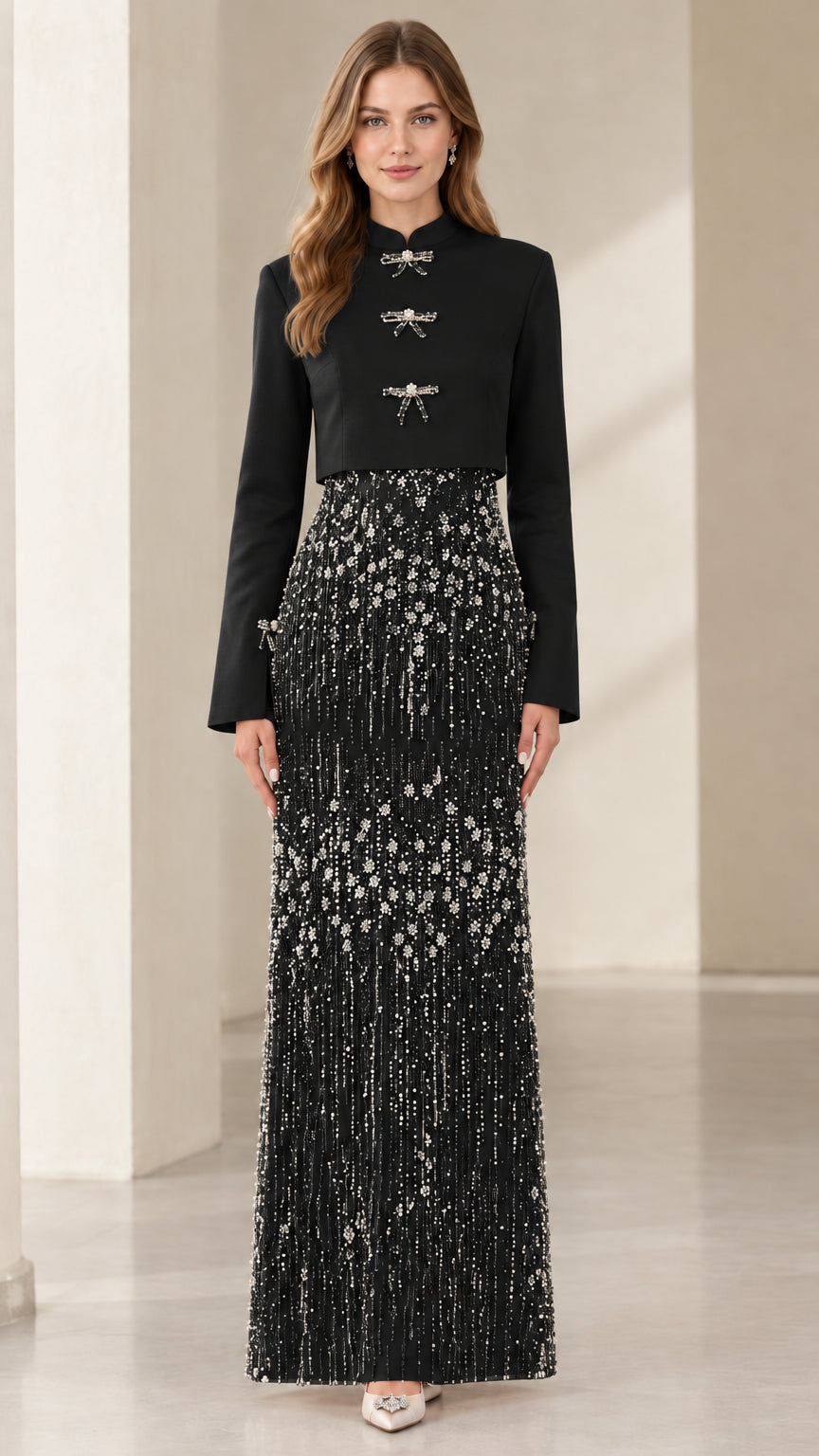 Model wearing Black Mandarin collar cropped jacket and sparkling beaded maxi skirt