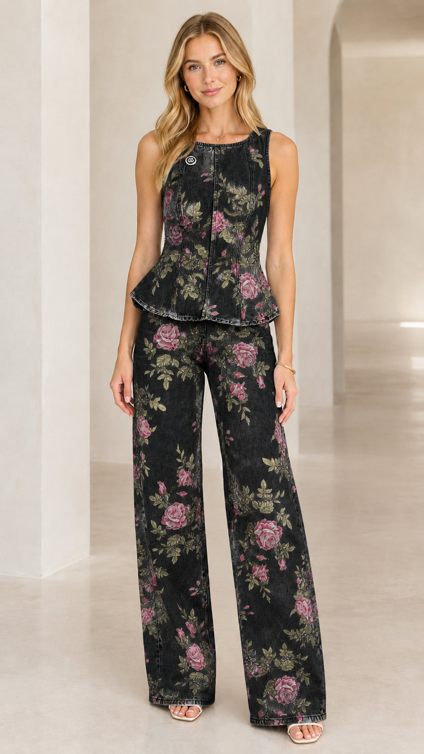 Washed Black floral denim matching peplum top and wide leg pants set