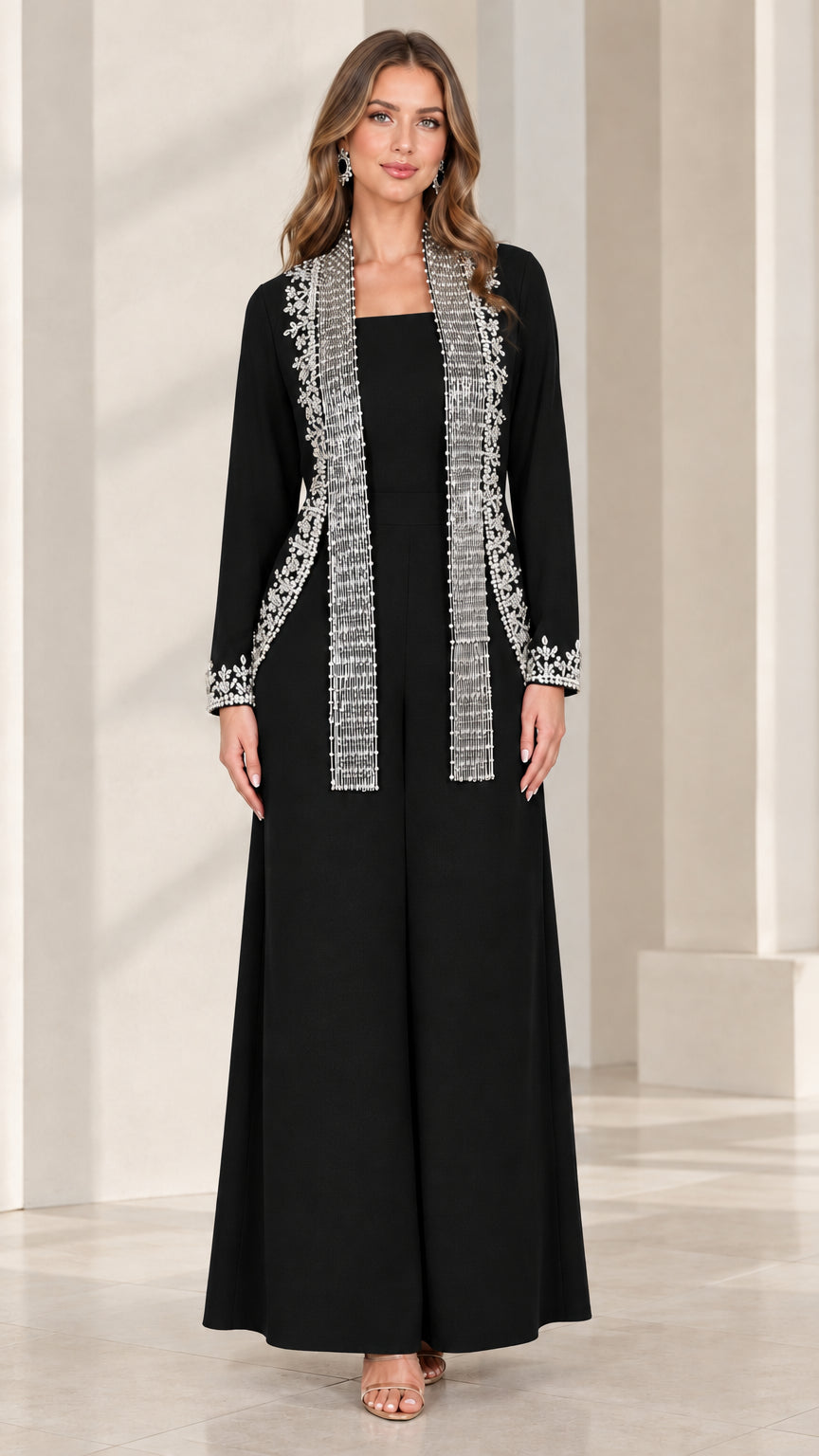 Black two-piece formal jumpsuit set with sparkling rhinestone jacket trim