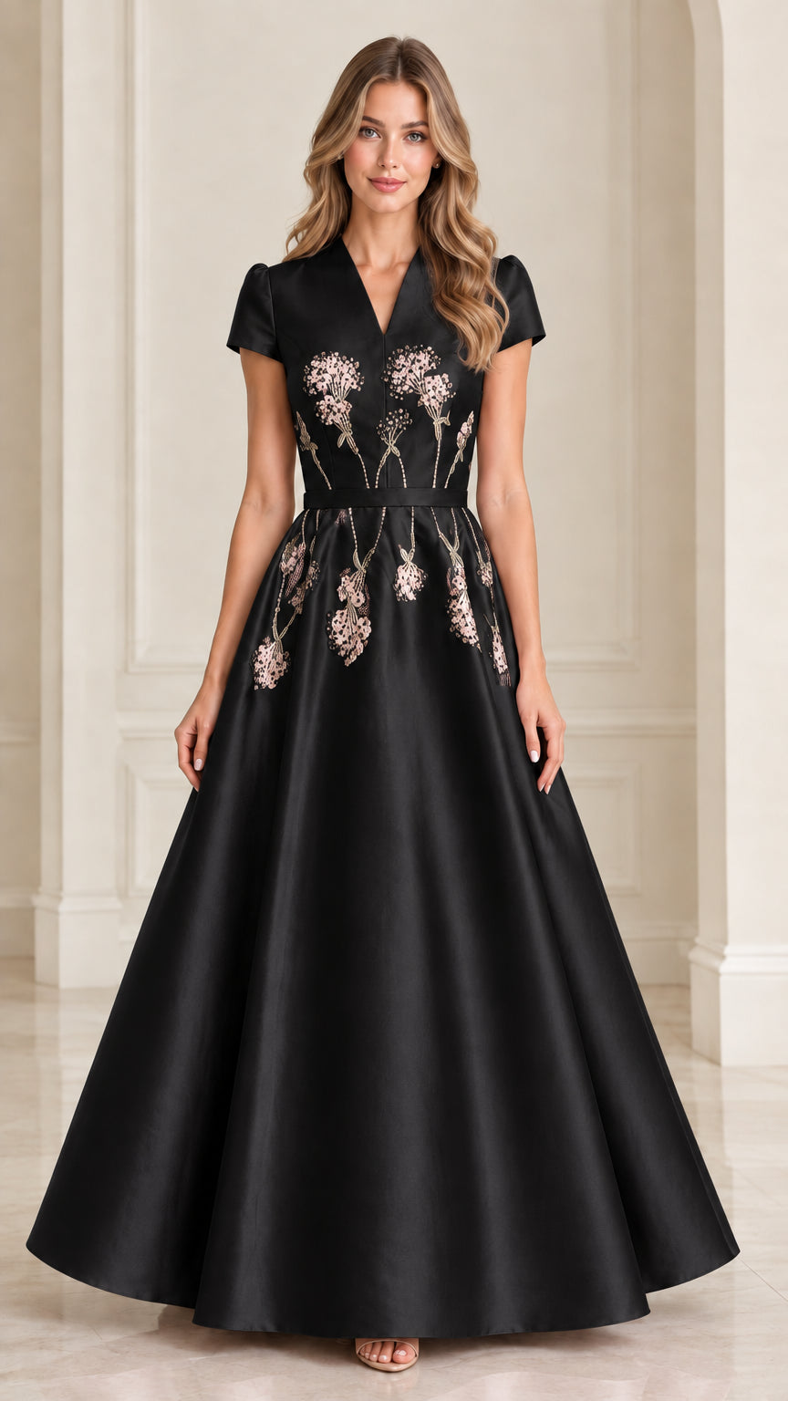 Front view of model wearing Black floral beaded satin maxi gown